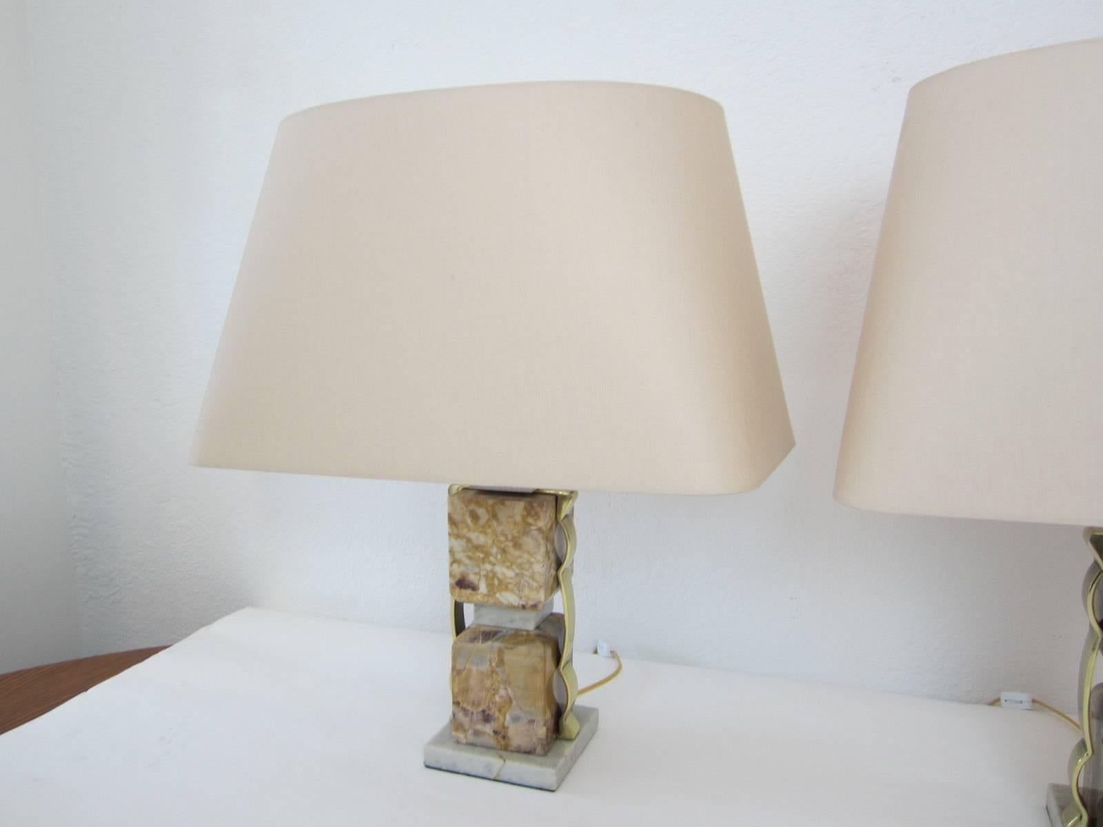 Pair of Stacked Marble Block Table Lamps For Sale 4