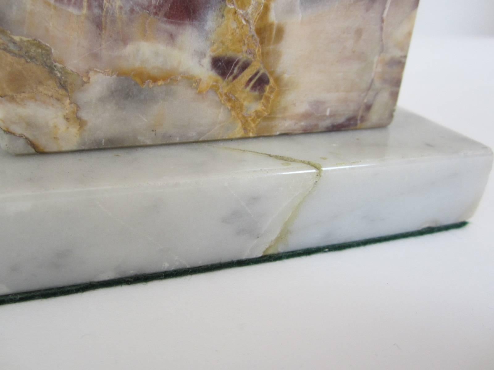 Brass Pair of Stacked Marble Block Table Lamps For Sale