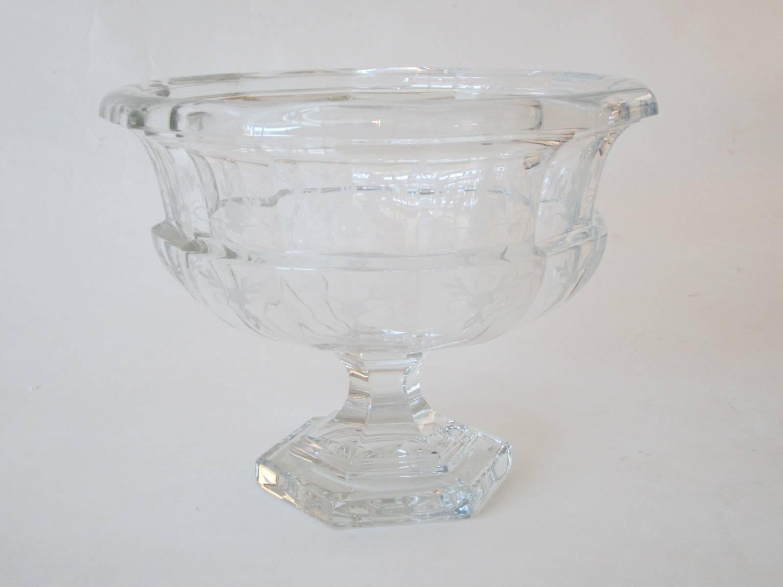 Beautiful etched crystal pedestal bowl by Tiffany & Co, signed.