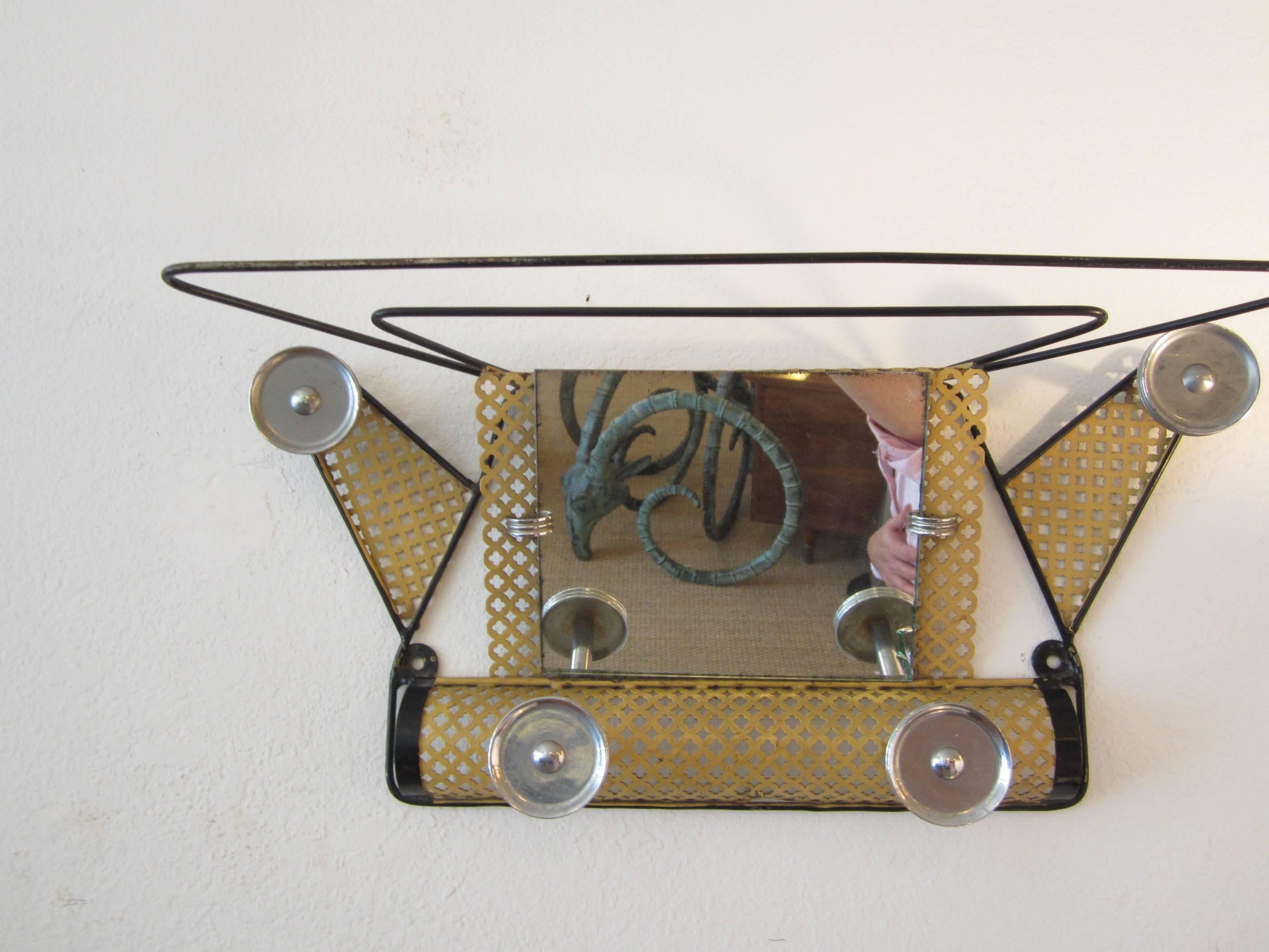 Mid-Century Modern Mathieu Matego 1950s French Wall Mount Coat and Hat Rack with Original Mirror