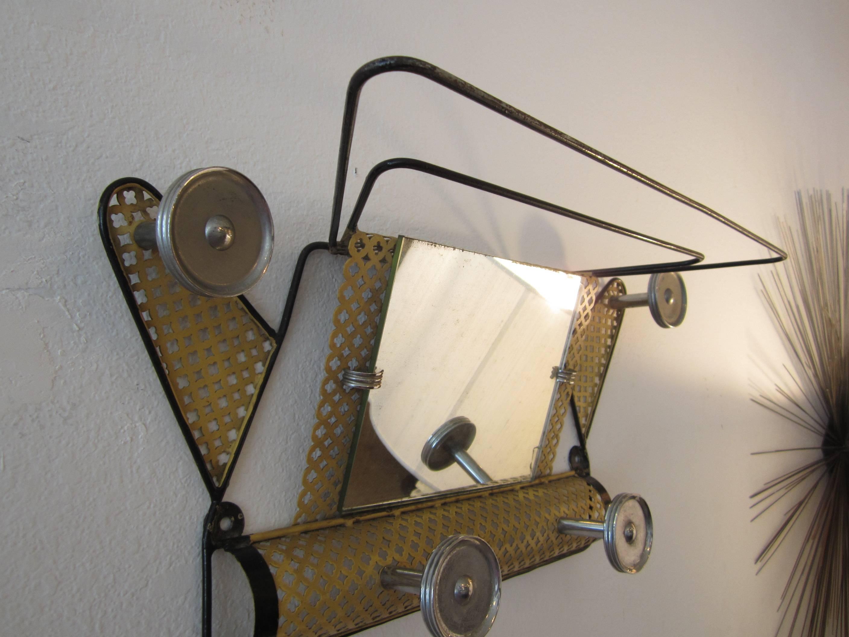 Metal Mathieu Matego 1950s French Wall Mount Coat and Hat Rack with Original Mirror