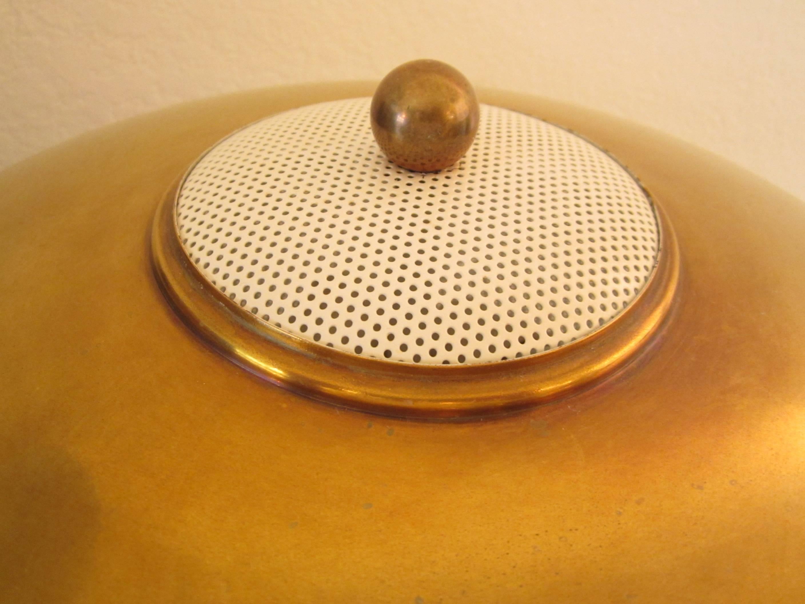 Mid-Century Modern Pedestal Ball and Pole Solid Brass Standing Floor Lamp with Perforated Shade For Sale