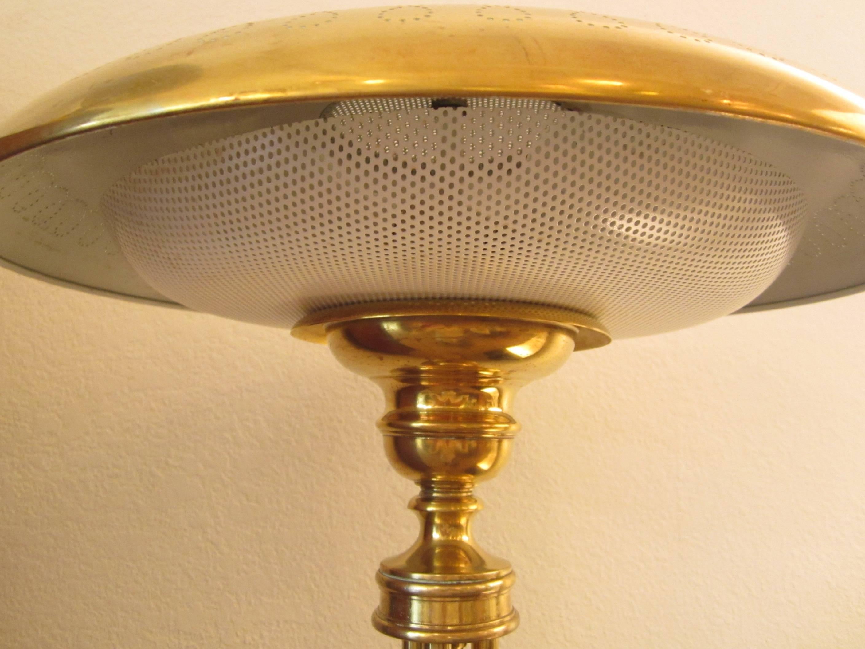 American Pedestal Ball and Pole Solid Brass Standing Floor Lamp with Perforated Shade For Sale