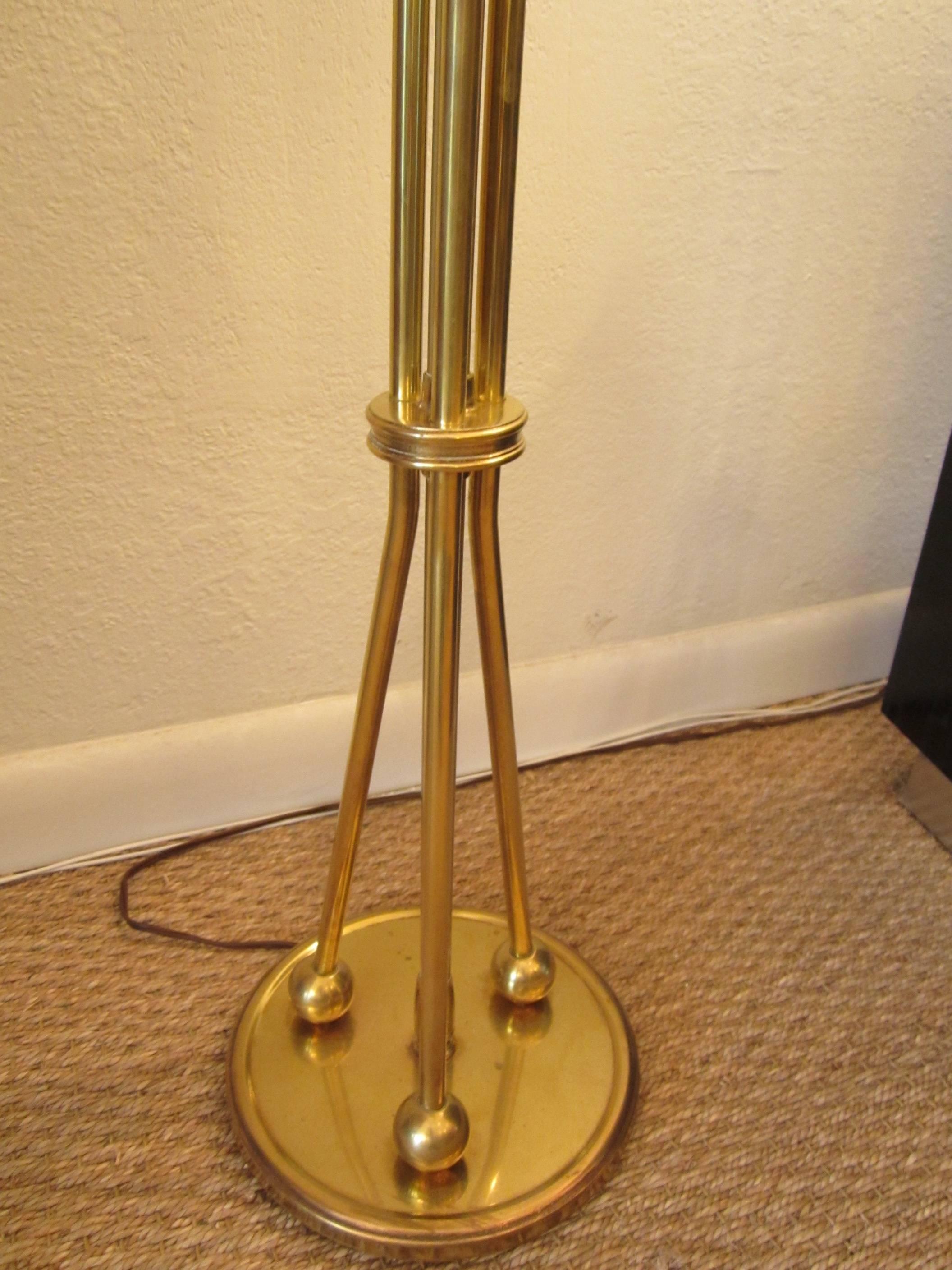 Mid-20th Century Pedestal Ball and Pole Solid Brass Standing Floor Lamp with Perforated Shade For Sale