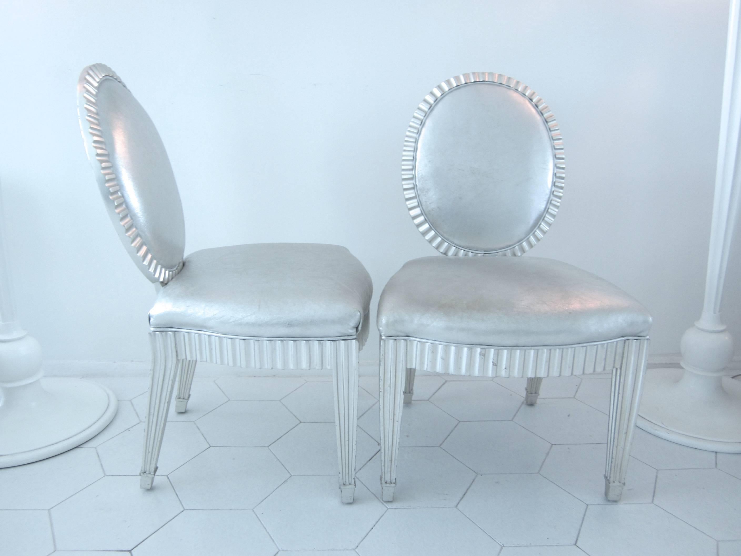 Neoclassical Neoclassic Silver Leaf and Silver Leather Chairs by John Hutton for Donghia, Pr. For Sale