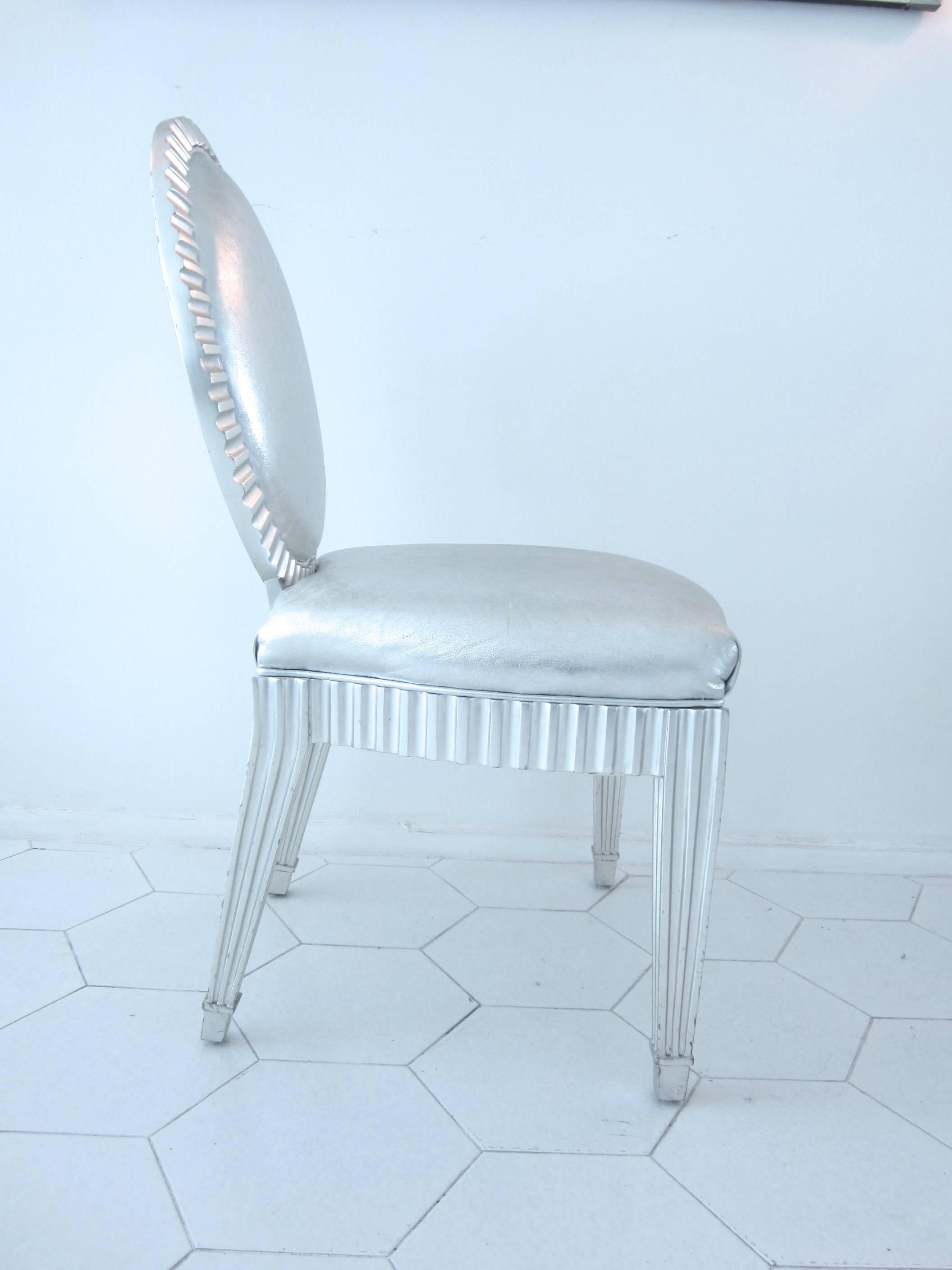 American Neoclassic Silver Leaf and Silver Leather Chairs by John Hutton for Donghia, Pr. For Sale