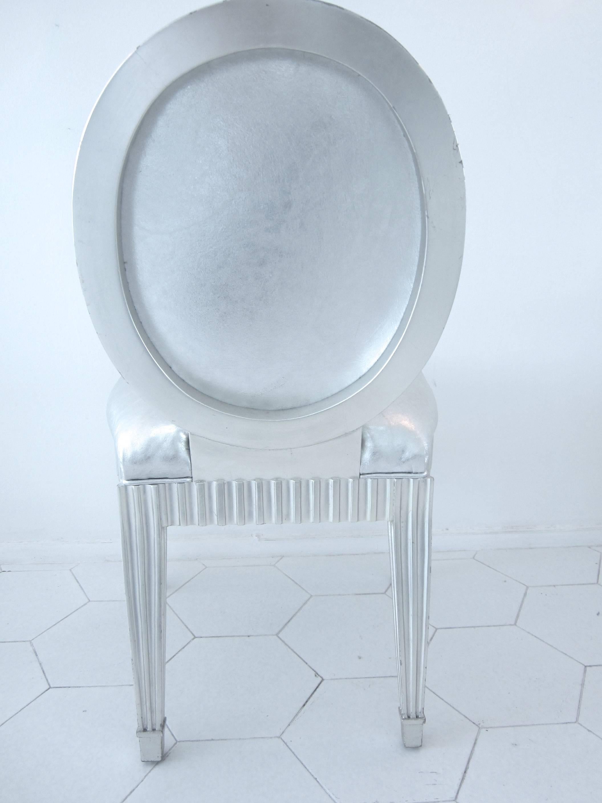 Neoclassic Silver Leaf and Silver Leather Chairs by John Hutton for Donghia, Pr. In Good Condition For Sale In Miami, FL