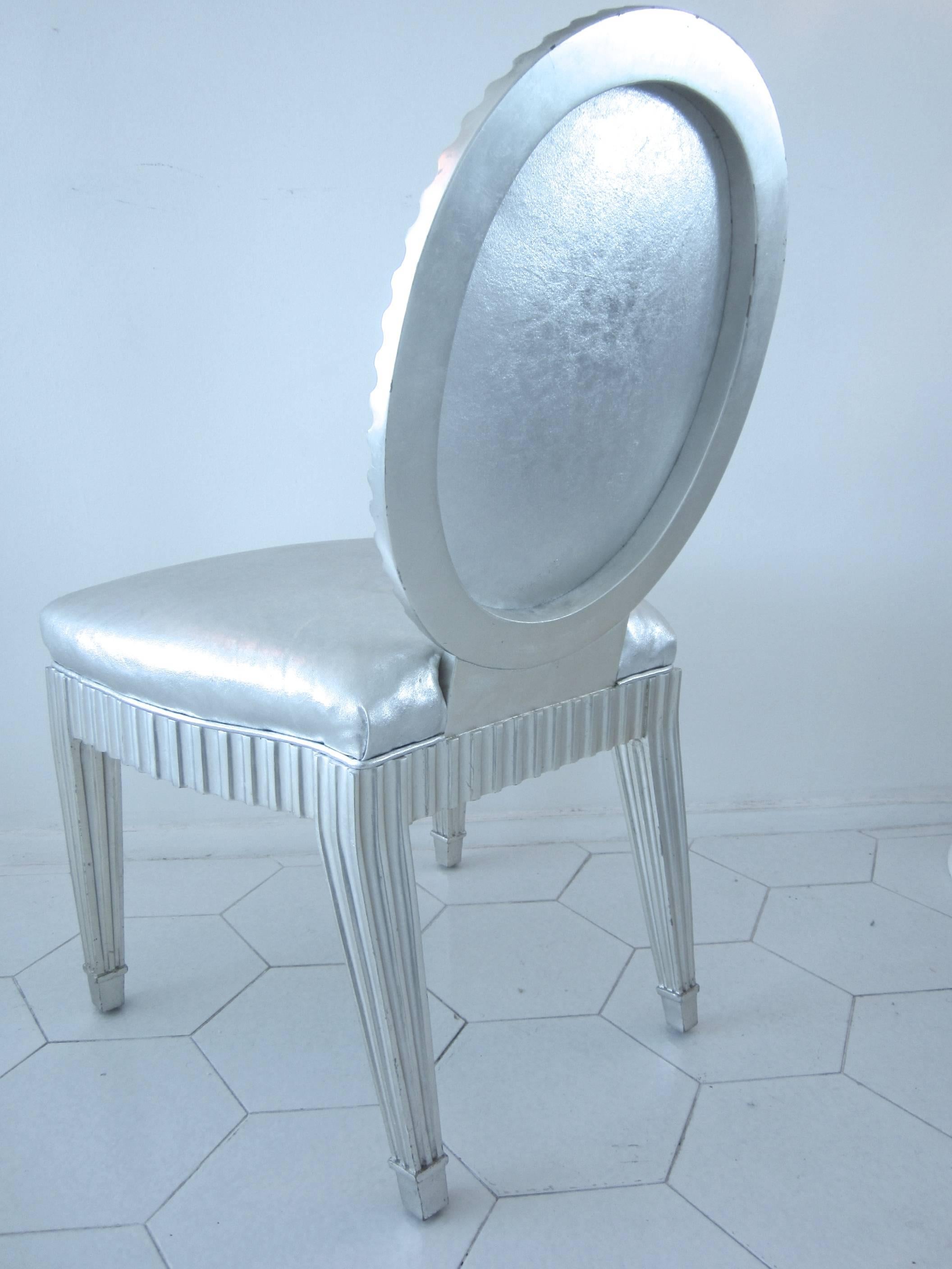Late 20th Century Neoclassic Silver Leaf and Silver Leather Chairs by John Hutton for Donghia, Pr. For Sale