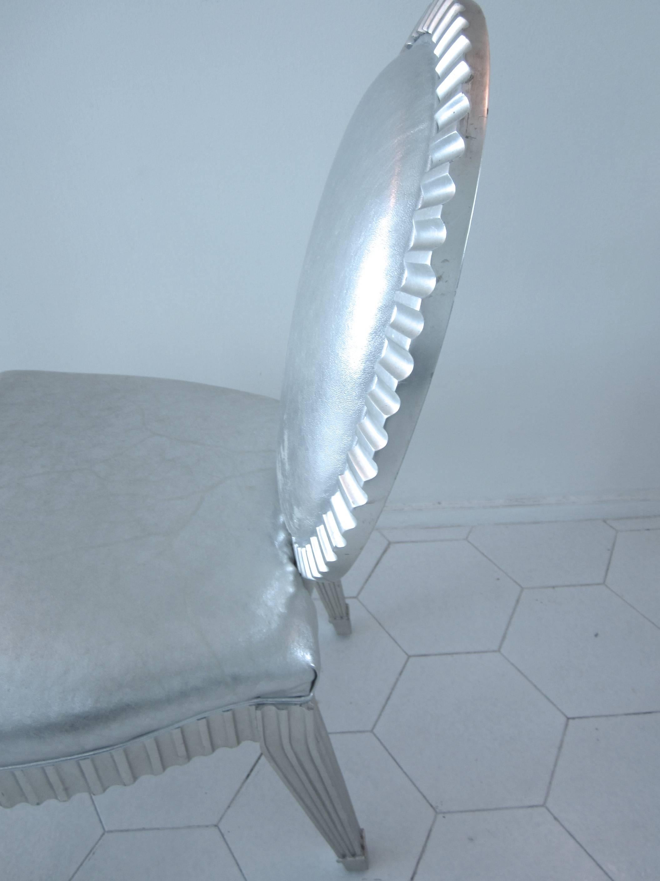 Neoclassic Silver Leaf and Silver Leather Chairs by John Hutton for Donghia, Pr. For Sale 2