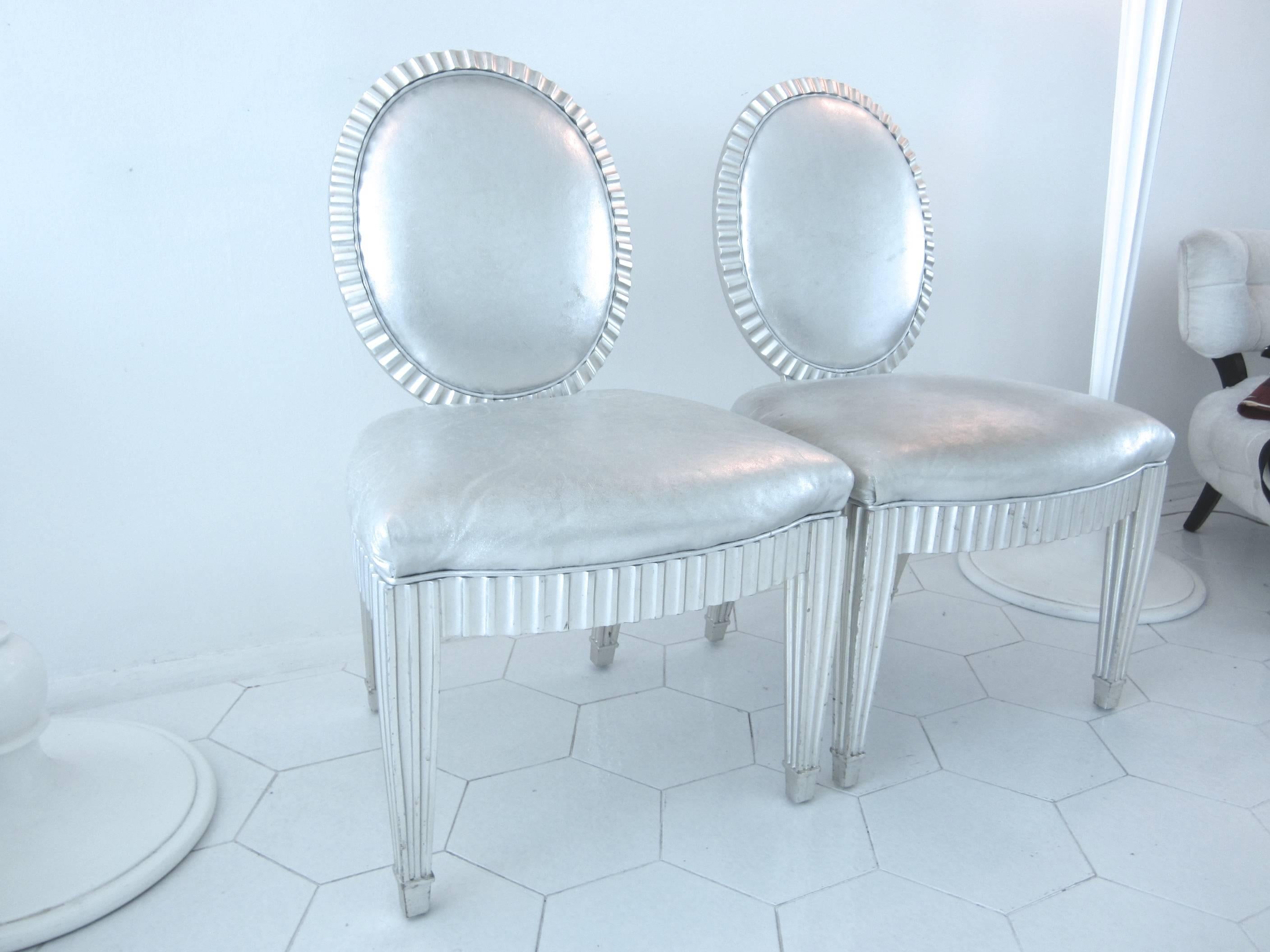 Neoclassic Silver Leaf and Silver Leather Chairs by John Hutton for Donghia, Pr. For Sale 3