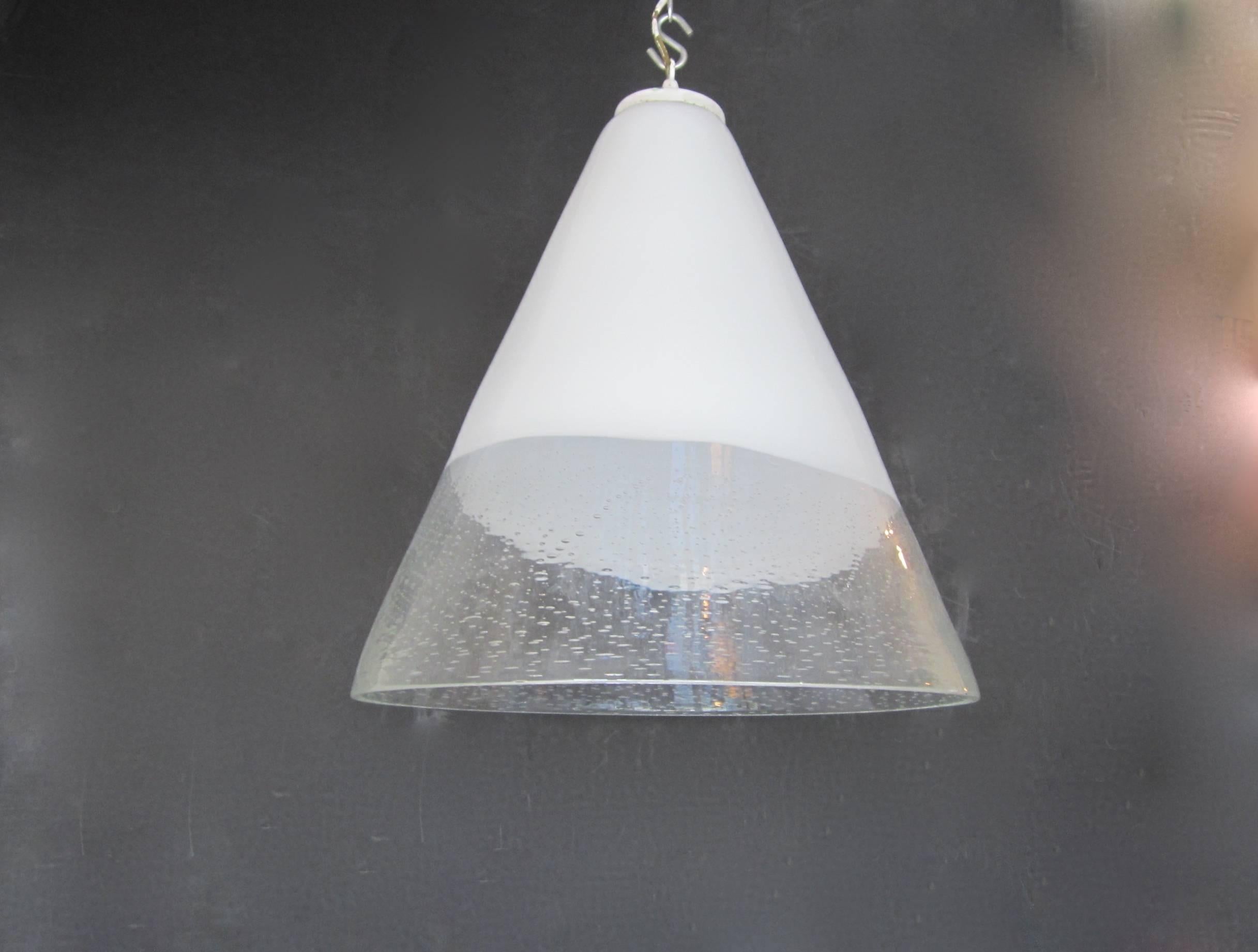 Gorgeous conical hanging (chandelier) with white opaque top and clear lower section with controlled bubble inclusions. Maintains its original Vetri Murano sticker. No canopy.