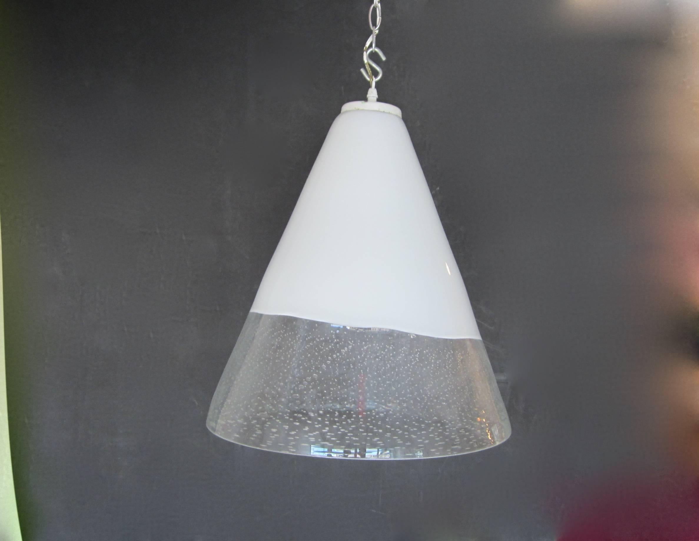 Italian Handblown Murano Glass Opaque and Clear Hanging Fixture with Controlled Bubbles 