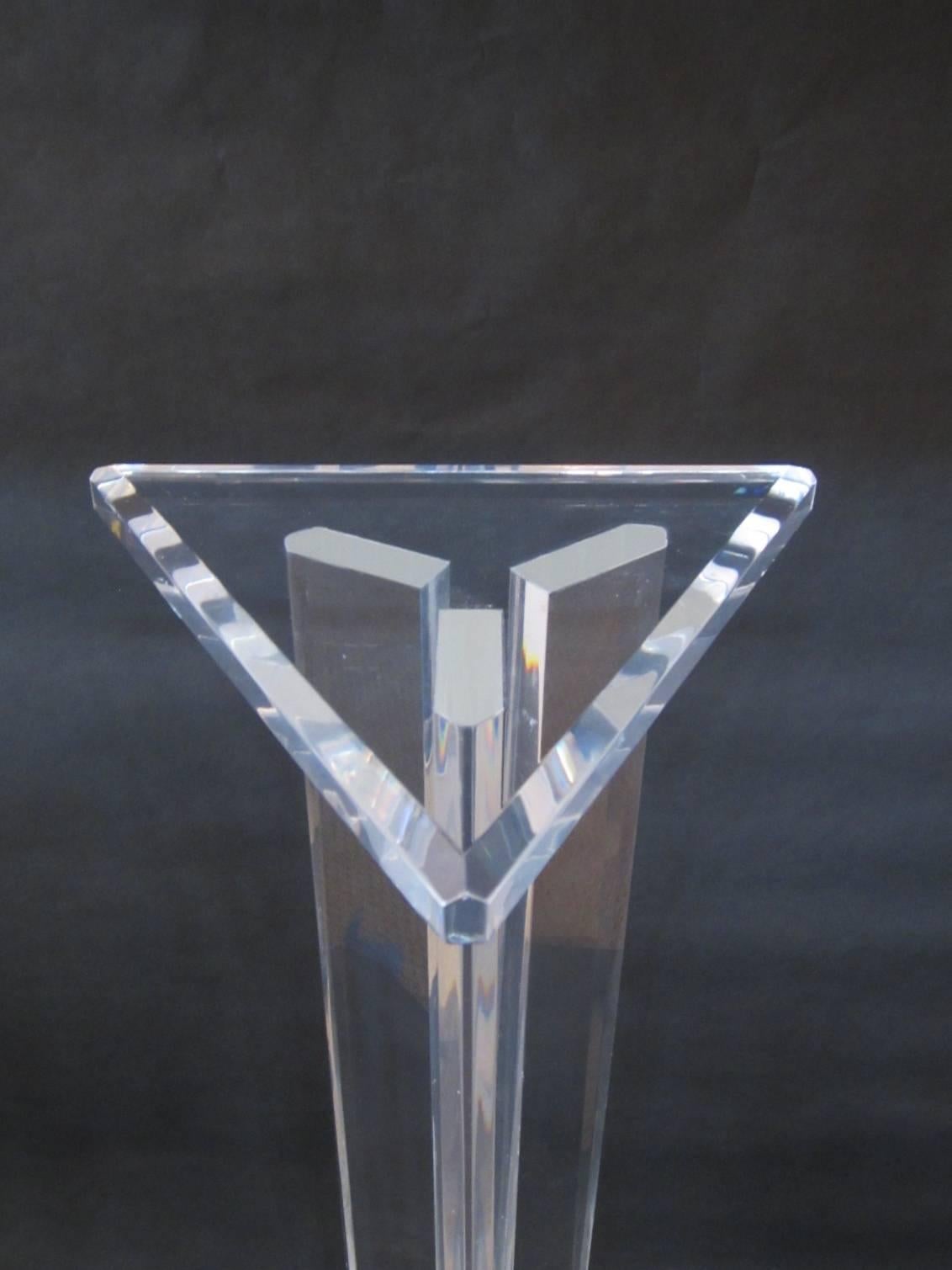 Great Lucite pedestal with bevelled triangular top and base with three bullnose centre columns. Great for sculpture and lighting etc.