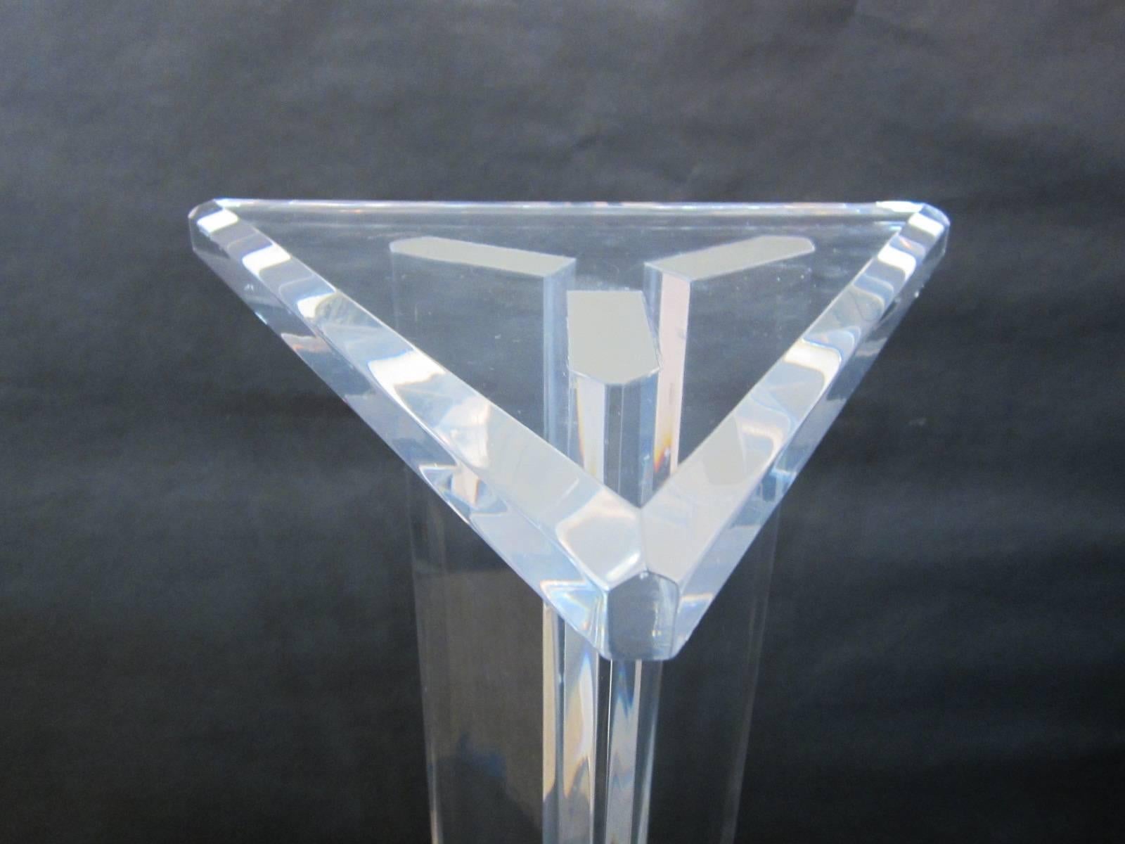 Beveled Lucite Triangular Three-Column Pedestal