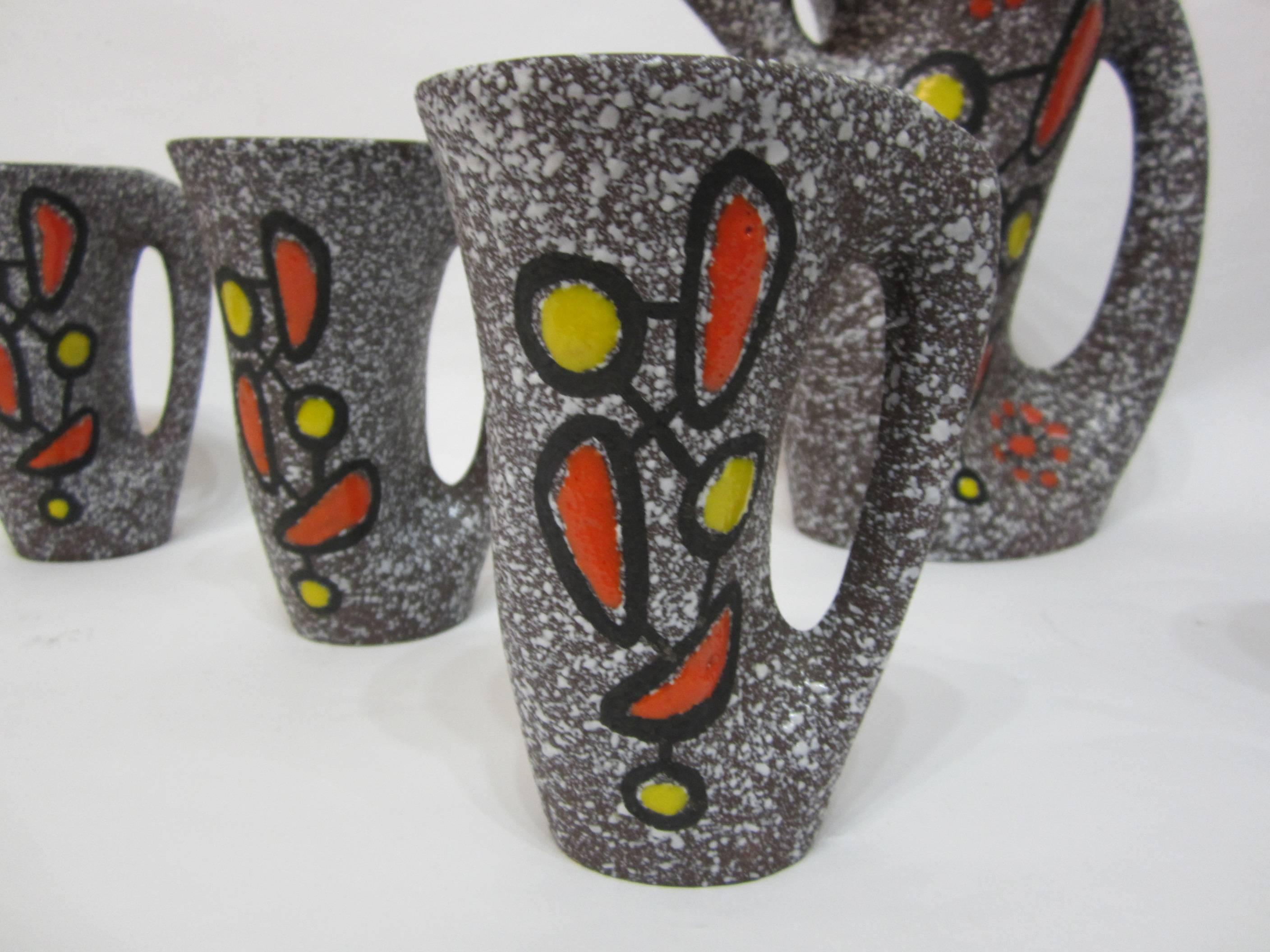 Mid-Century Modern Vallauris Ceramic Pitcher with Six Cups Designed by Le Vaucour, France, 1950s For Sale
