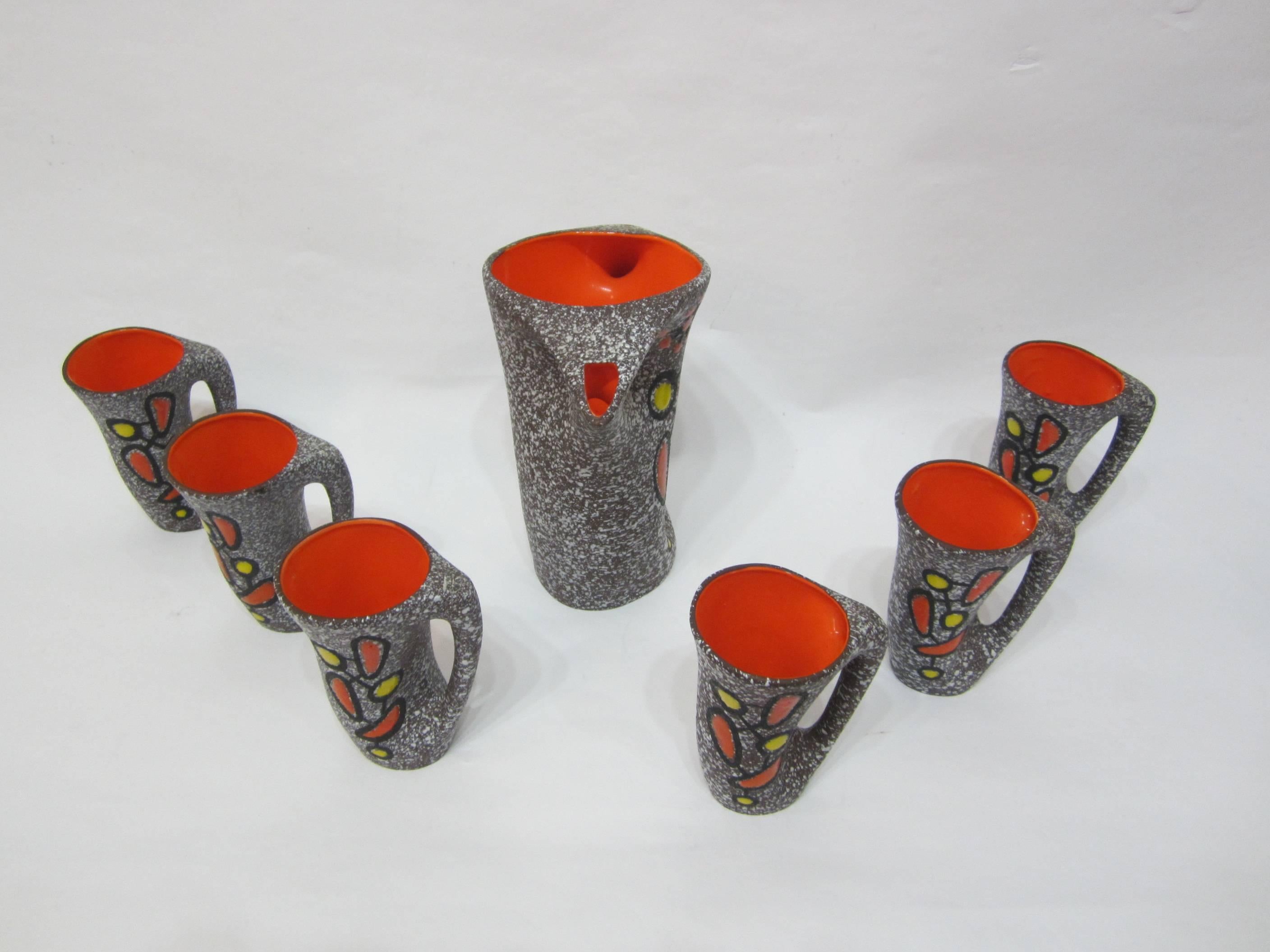 Vallauris Ceramic Pitcher with Six Cups Designed by Le Vaucour, France, 1950s For Sale 1