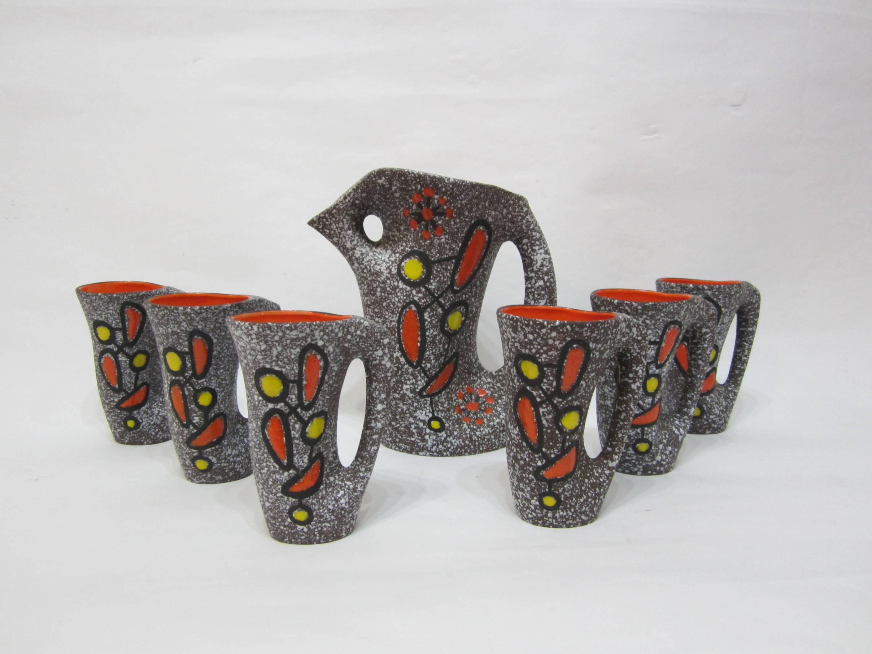 Vallauris Ceramic Pitcher with Six Cups Designed by Le Vaucour, France, 1950s For Sale 2