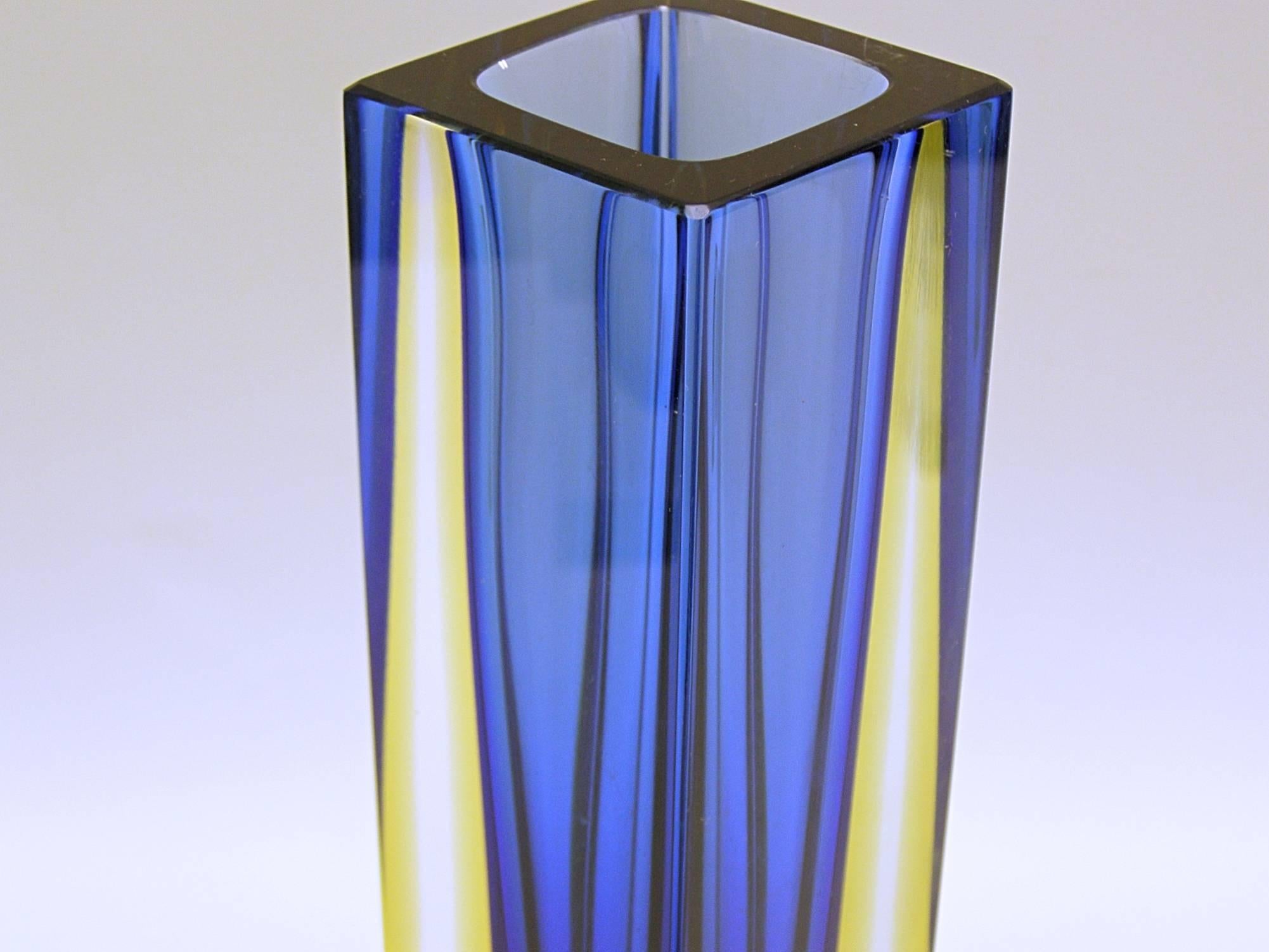 Italian Alessandro Mandruzzato Double Sommerso Cobalt and Yellow Vase For Sale