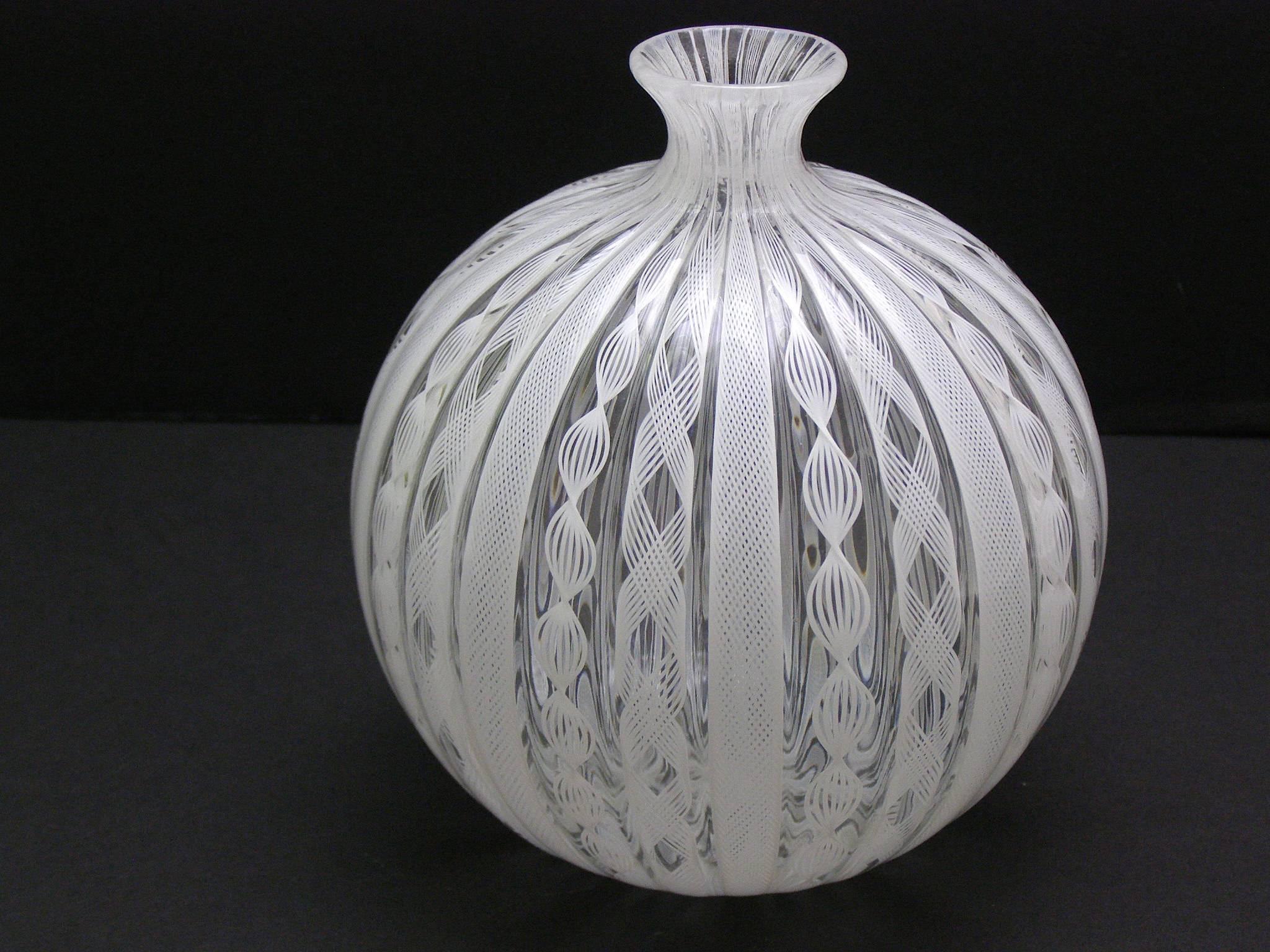 Italian Handblown Murano Glass Latticino and Zanfirico Lattimo Glass Vase