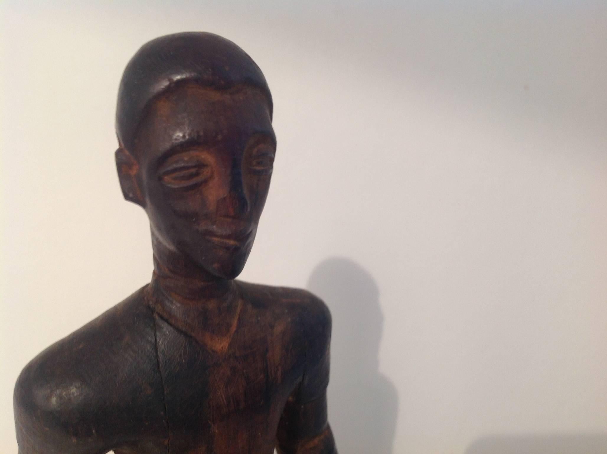 Nigerian Hand-Carved Hardwood Sculpture on Bronze Base 