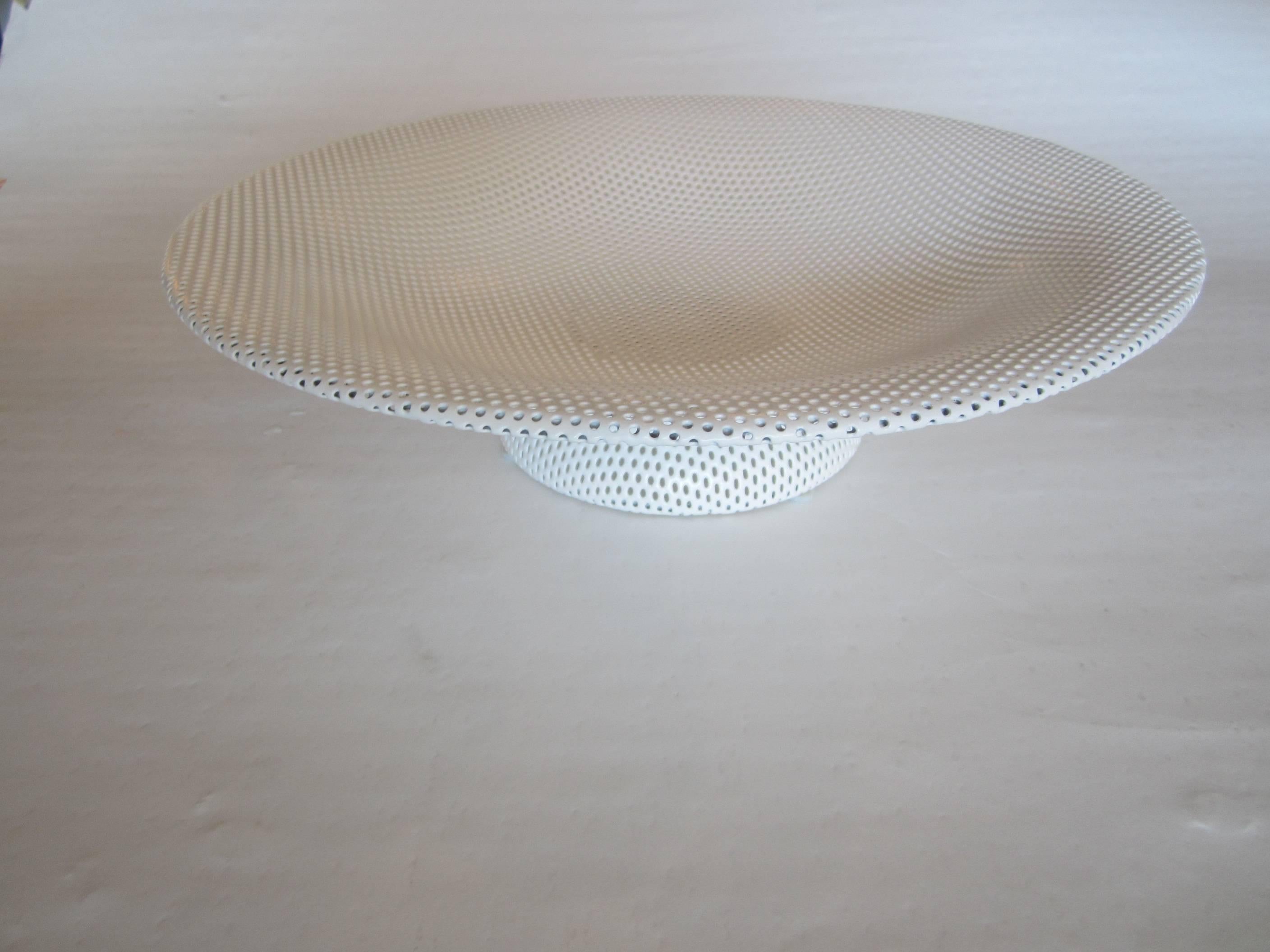 Mathieu Mategot rigitule (perforated) metal pedestal bowl in white.