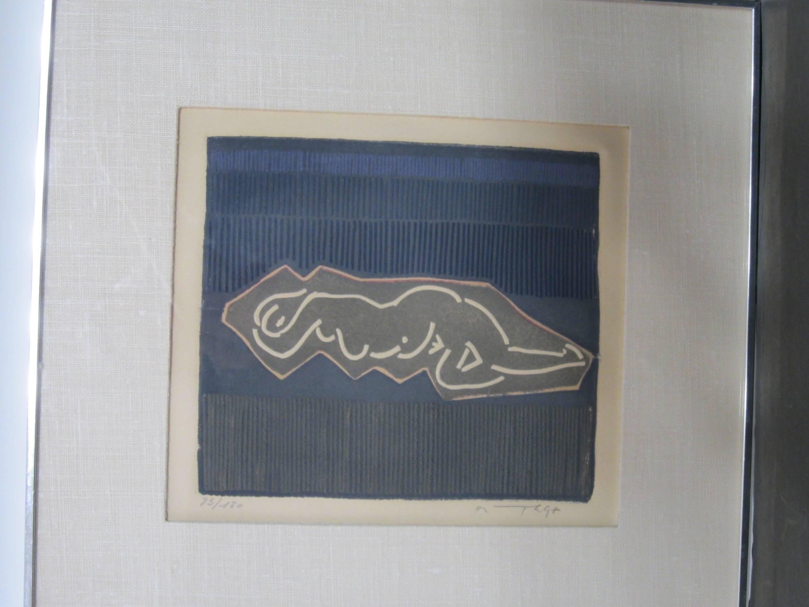 Original work on paper, numbered, signed and framed.
Embossed or corrugated paper, painted navy blue with cut-out sketched resting female figure.
Numbered 85/150.
Signed but illegible.
Silk matted and chrome framed with glass.
Very attractive with