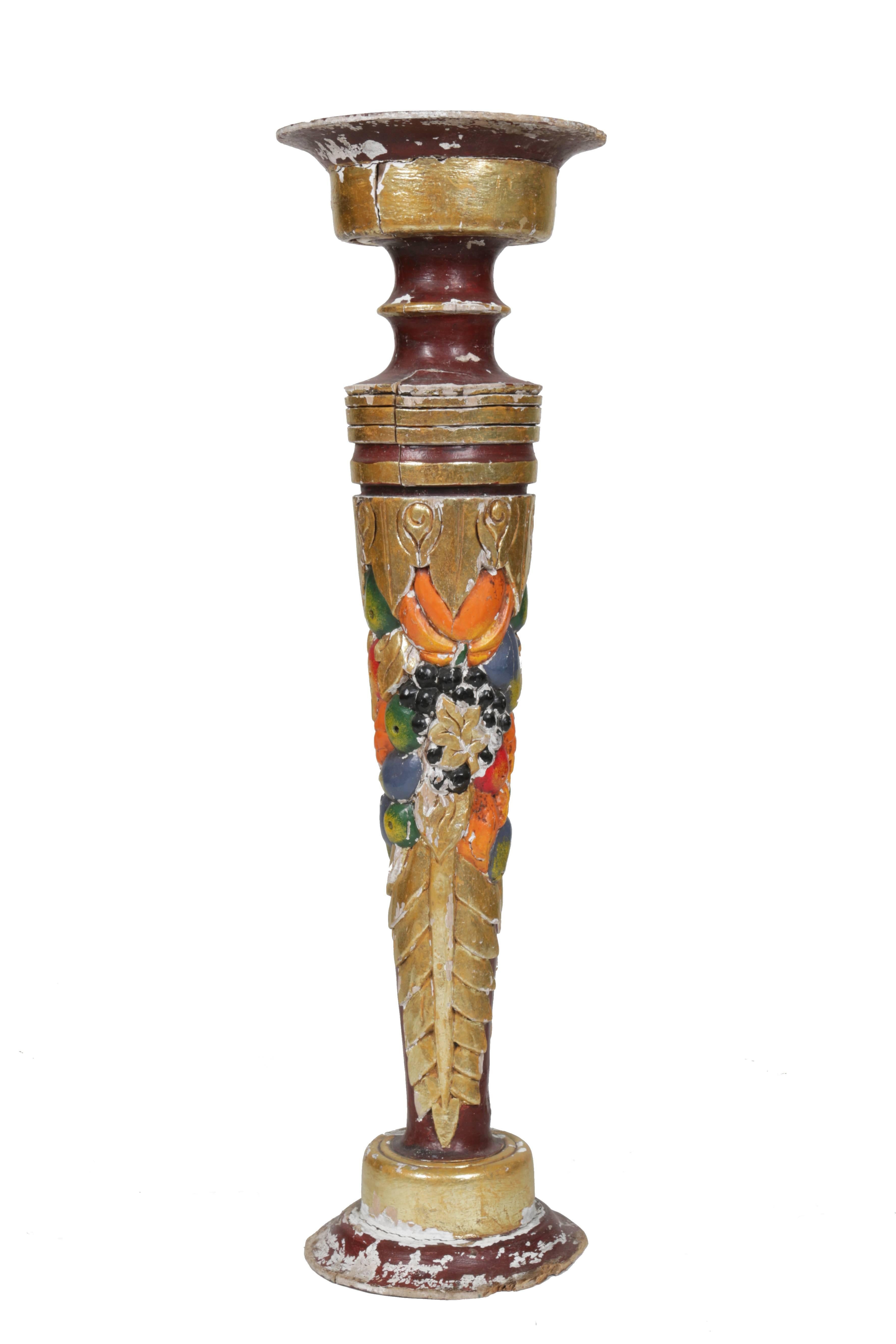 Original antique hand-carved, gessoed, and hand painted cornucopia wood pedestal. Beautiful and in totally original condition showing a lot of age appropriate wear, heavily patinated.