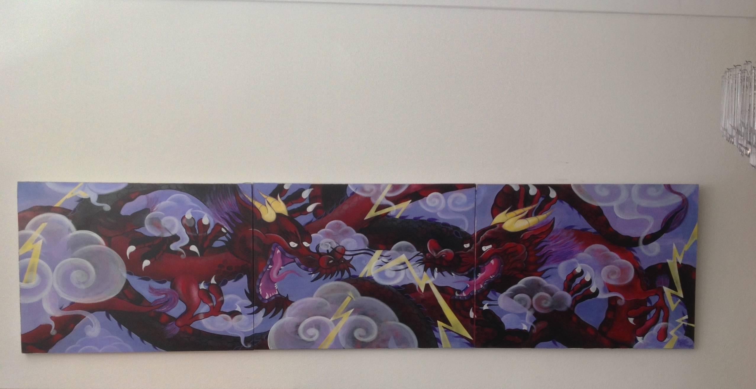 Graffiti Artist Louis Paladino, Tag = MUK 1.
Triptych mixed media on canvas. 
Commissioned for private collection 
Heavenly dragons, lightning, smoke, fire, stormy and magnificent 
