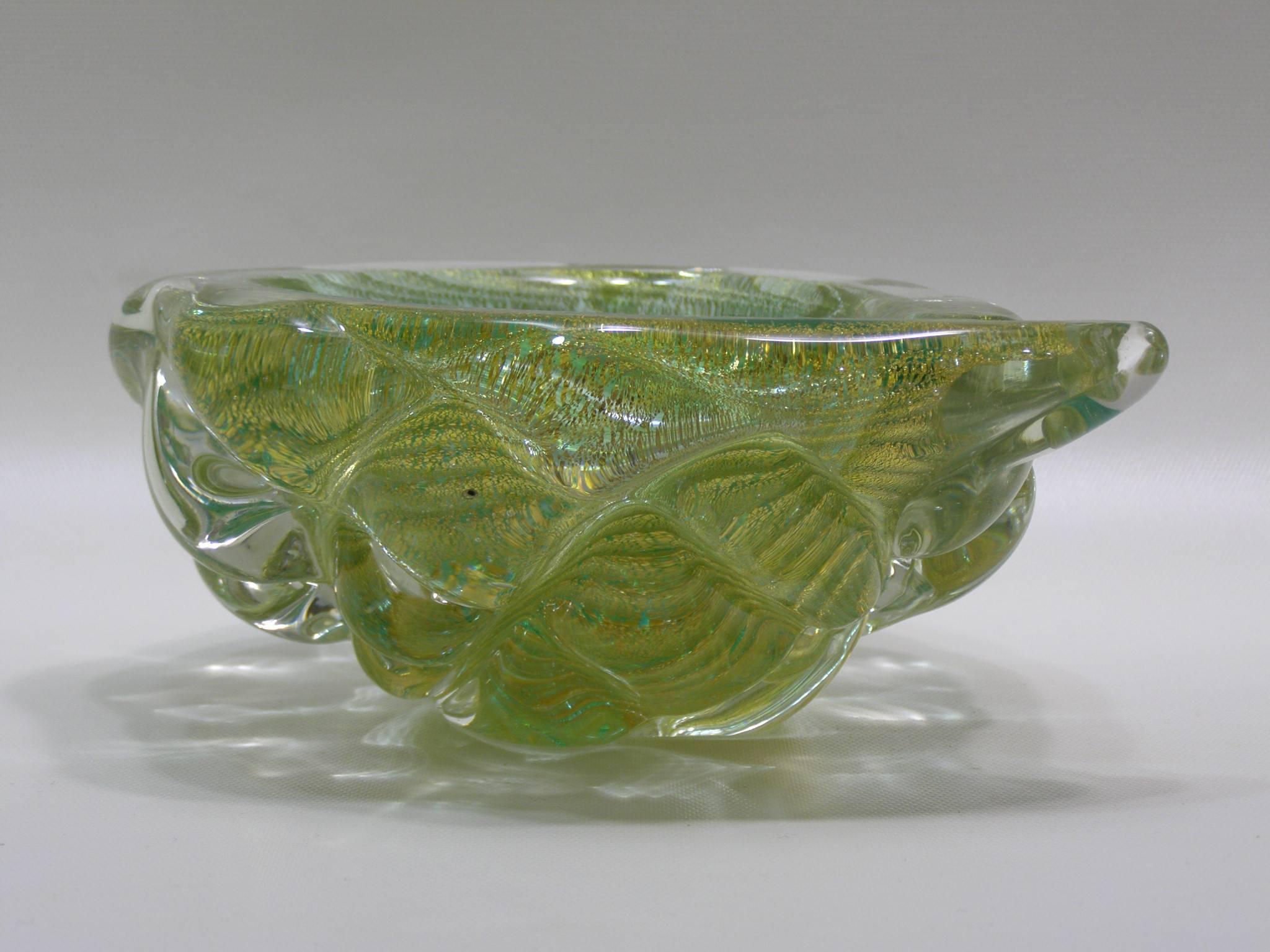 Mid-Century Modern Emerald Swirl with Aventurine Handblown Murano Glass Leaf Shaped Dish  For Sale