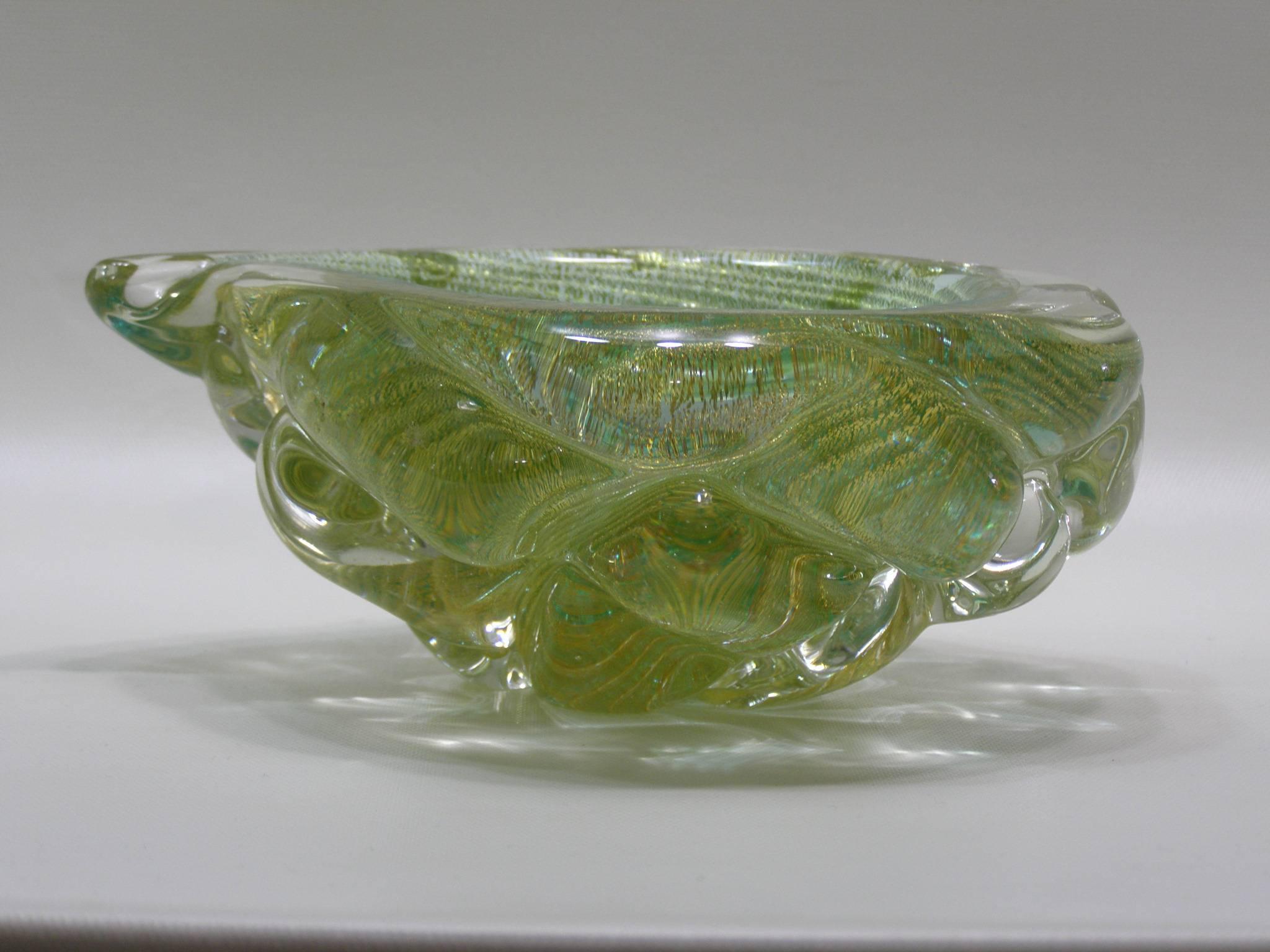 Mid-20th Century Emerald Swirl with Aventurine Handblown Murano Glass Leaf Shaped Dish  For Sale