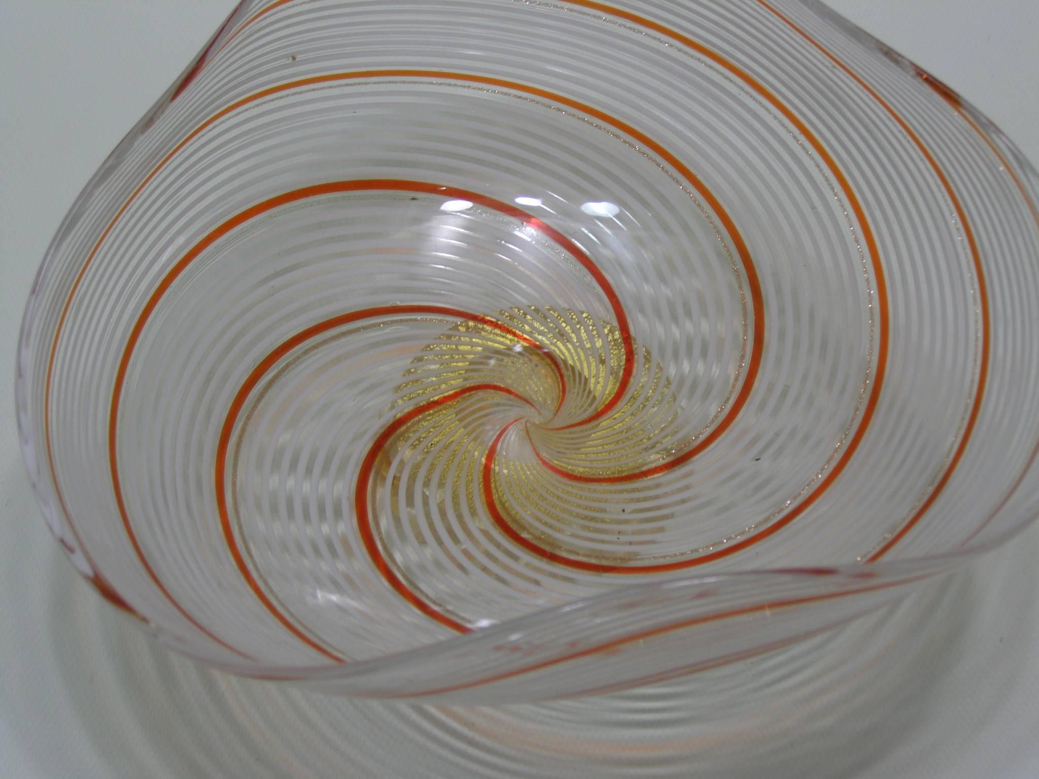 Mid-Century Modern Dino Martens Mezza Filigrana Murano Glass Triangular Bowl For Sale