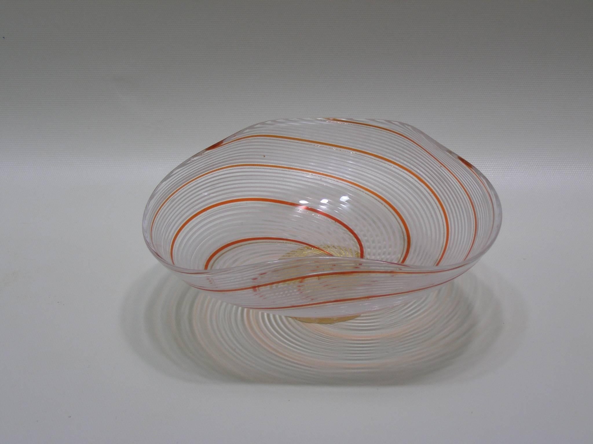 Italian Dino Martens Mezza Filigrana Murano Glass Triangular Bowl For Sale