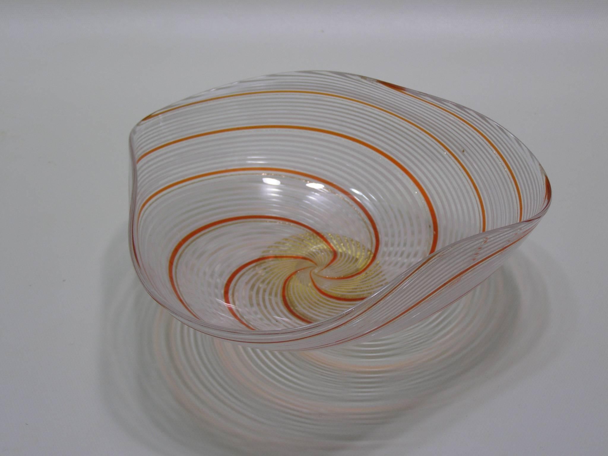 Mid-20th Century Dino Martens Mezza Filigrana Murano Glass Triangular Bowl For Sale
