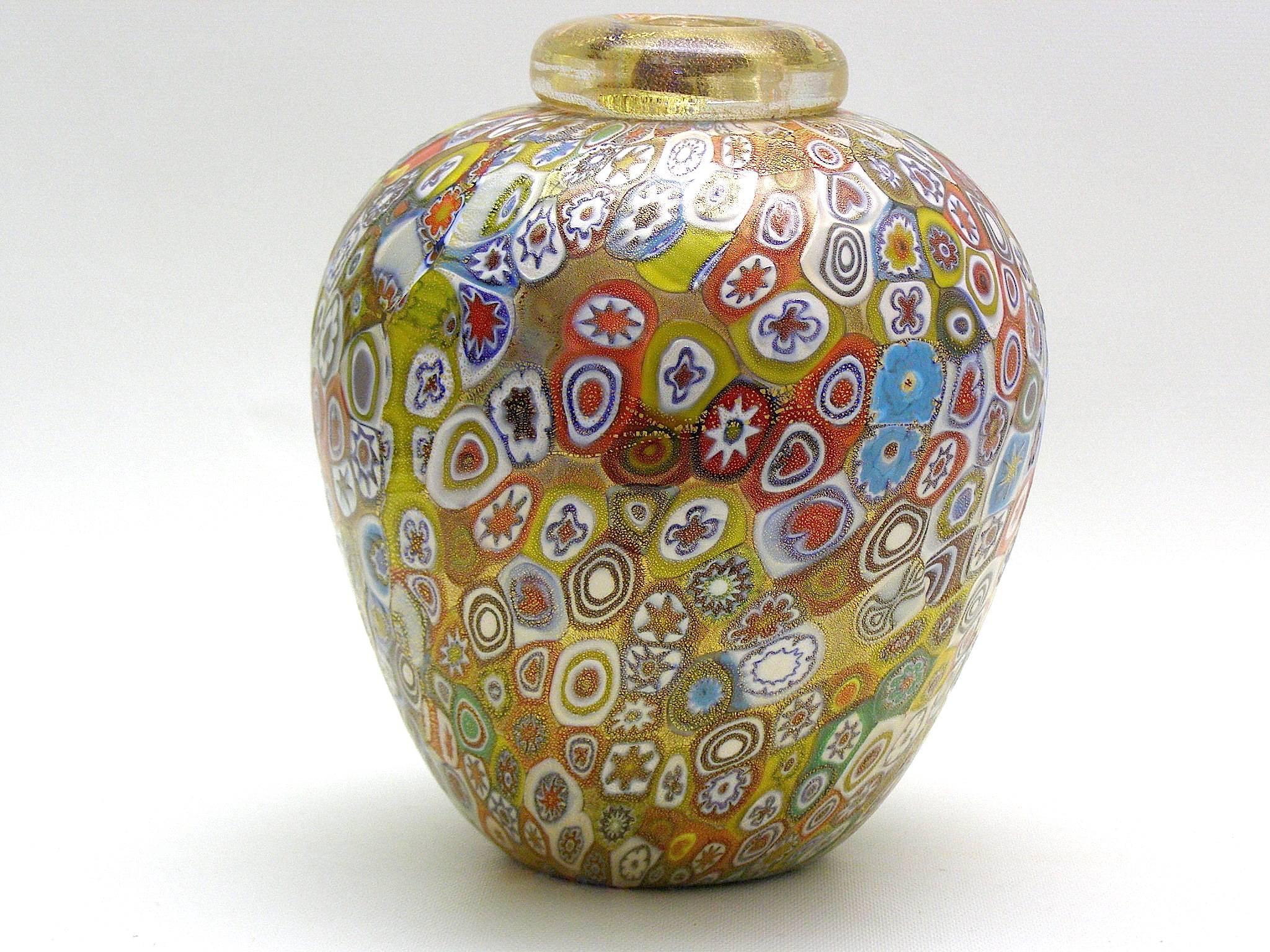 Italian Gambaro & Poggi Handblown Murano Glass Multifiori and Aventurine Urn Vase
