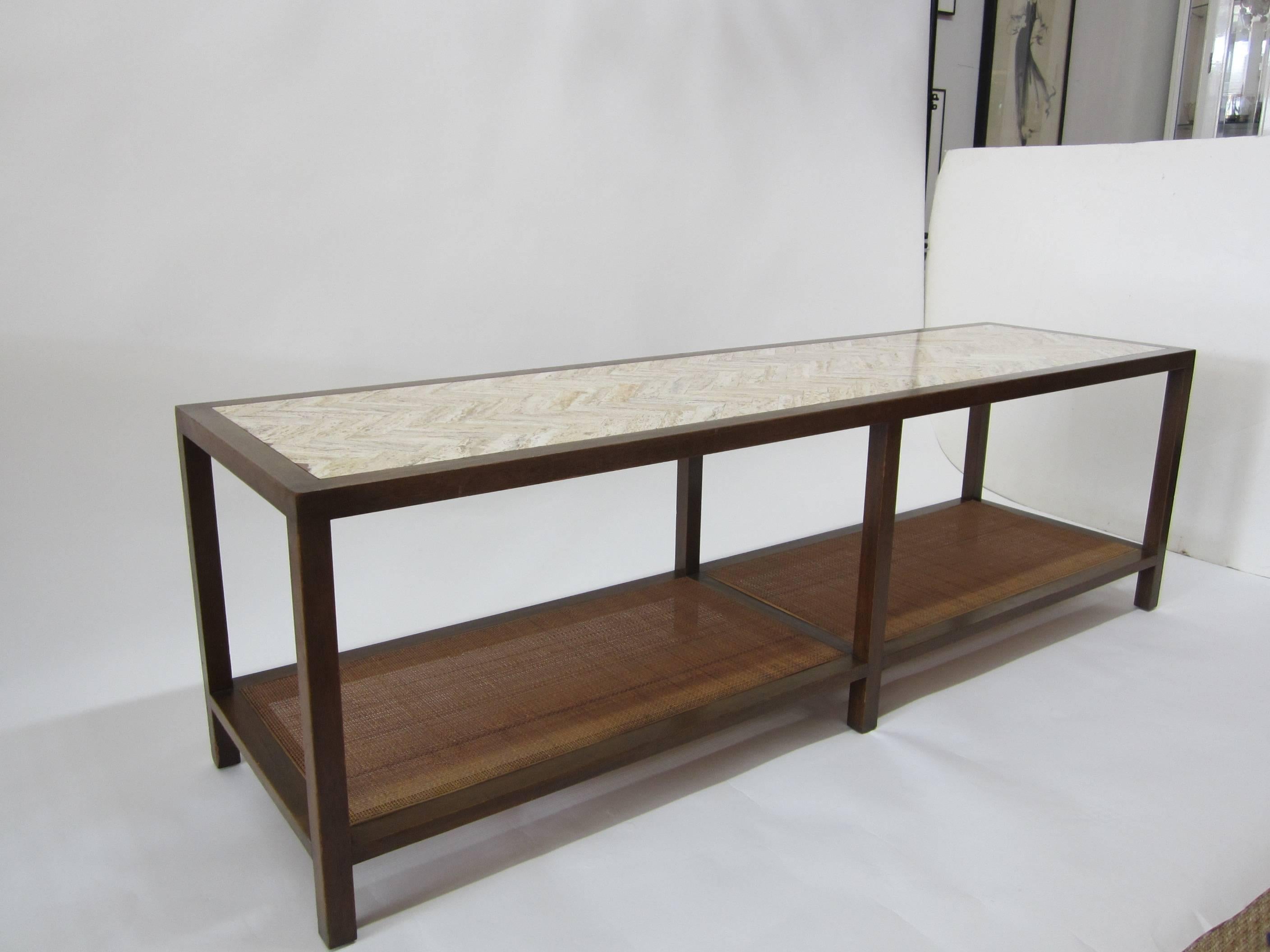 Mid-Century Modern Harvey Probber Chevron Travertine and Cane Cocktail Table/ Bench  For Sale