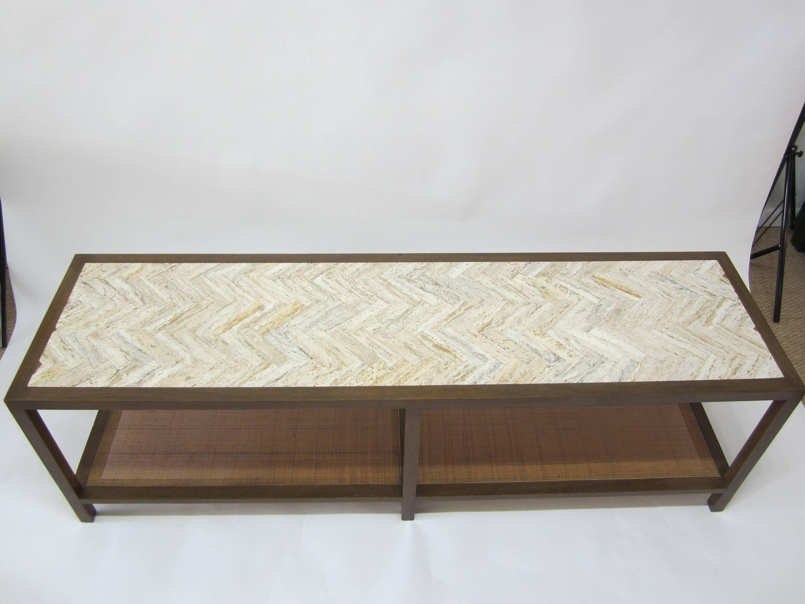 American Harvey Probber Chevron Travertine and Cane Cocktail Table/ Bench  For Sale