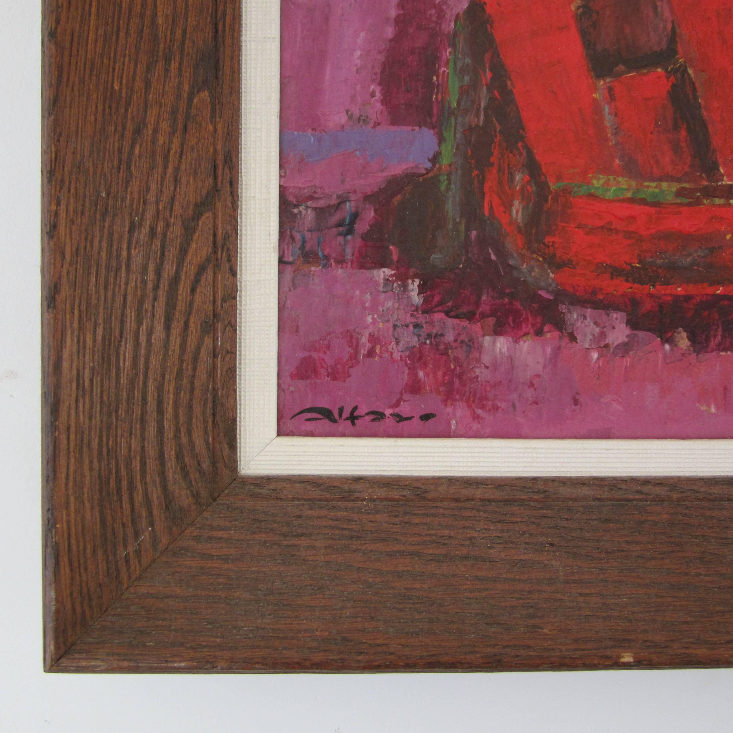 With a combination of deep rich red hue's and pale pastels, this nautical Midcentury painting is signed by the artist and framed in wood with linen border. 
Artist: Alfaro
  