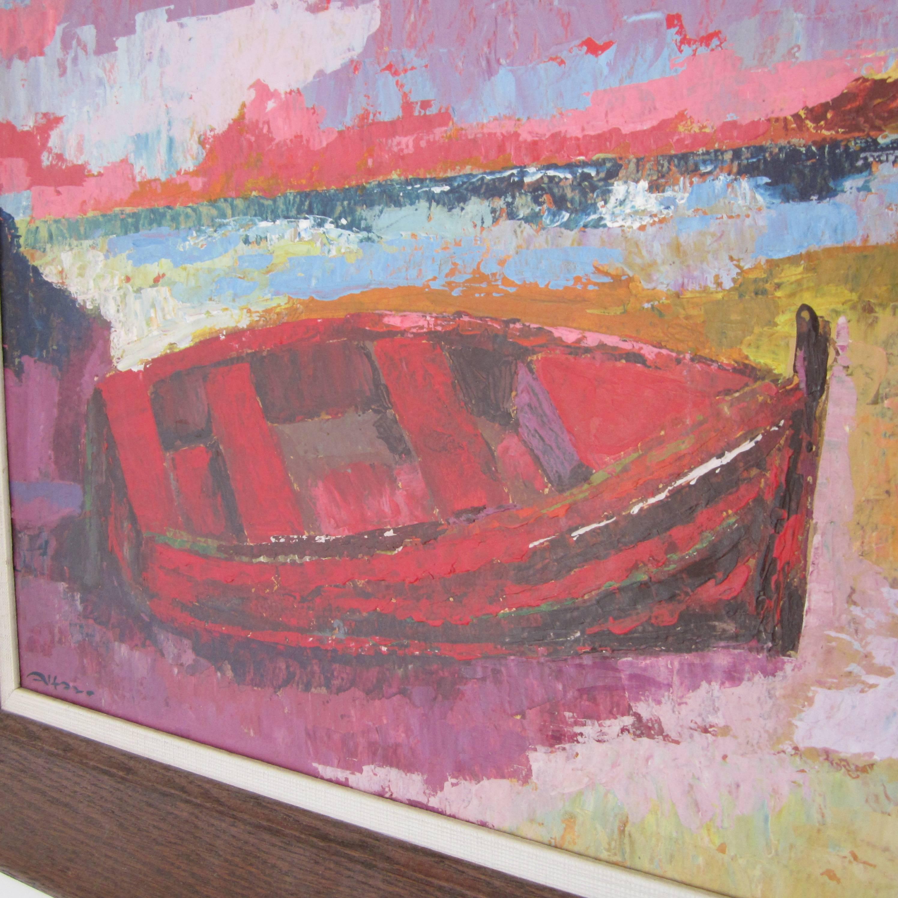 Mid-Century Modern Midcentury Seascape Painting Artist Signed, Alfaro For Sale