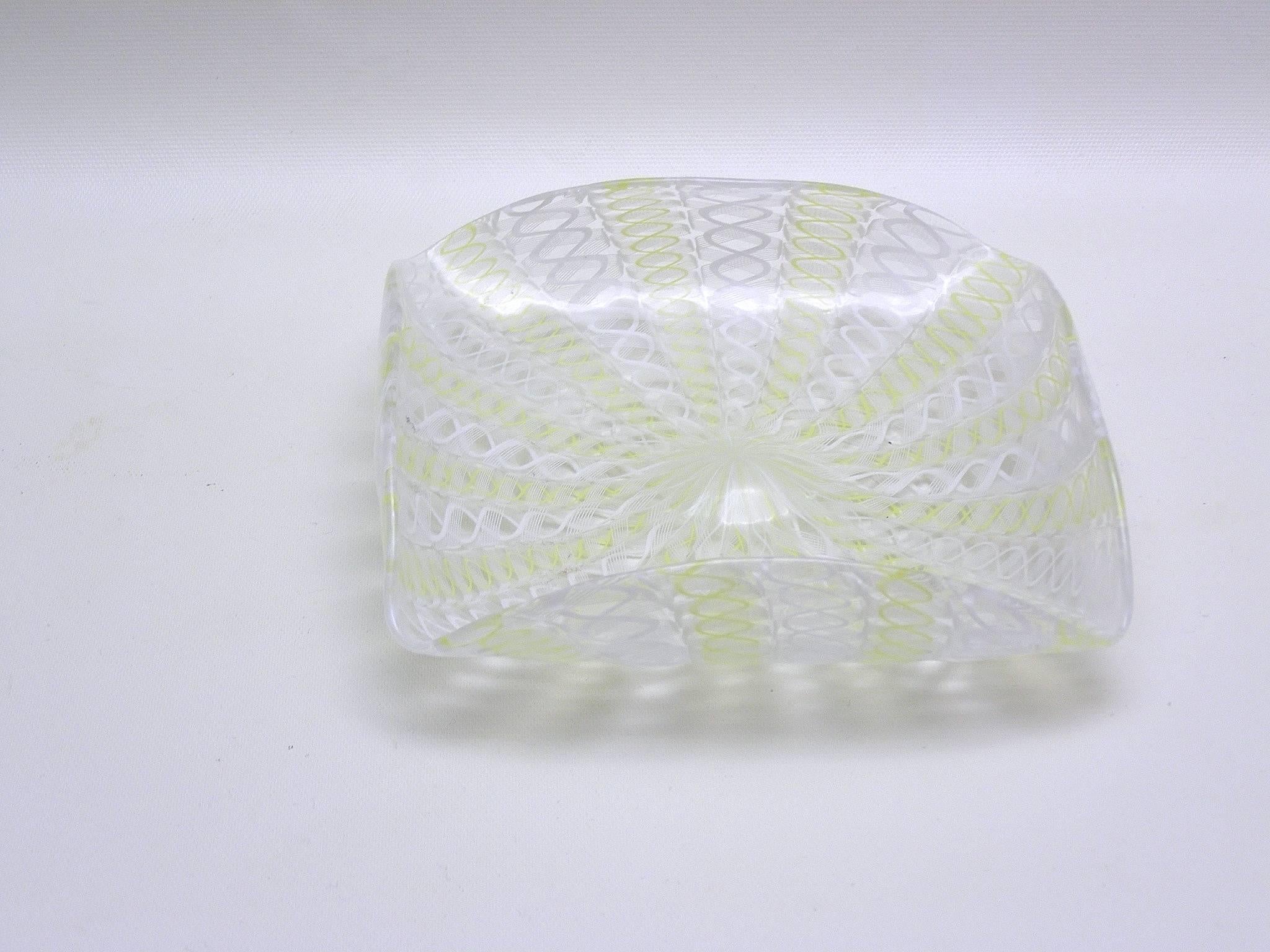 Mid-Century Modern Handblown Murano Glass Latticino Turned Up Square Dish For Sale