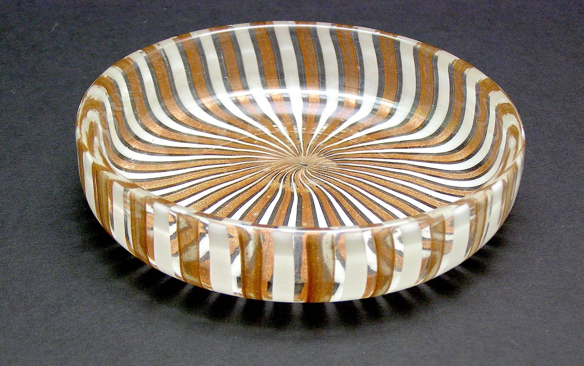 Italian Handblown Murano Glass Round Dish with Copper and White Caning For Sale