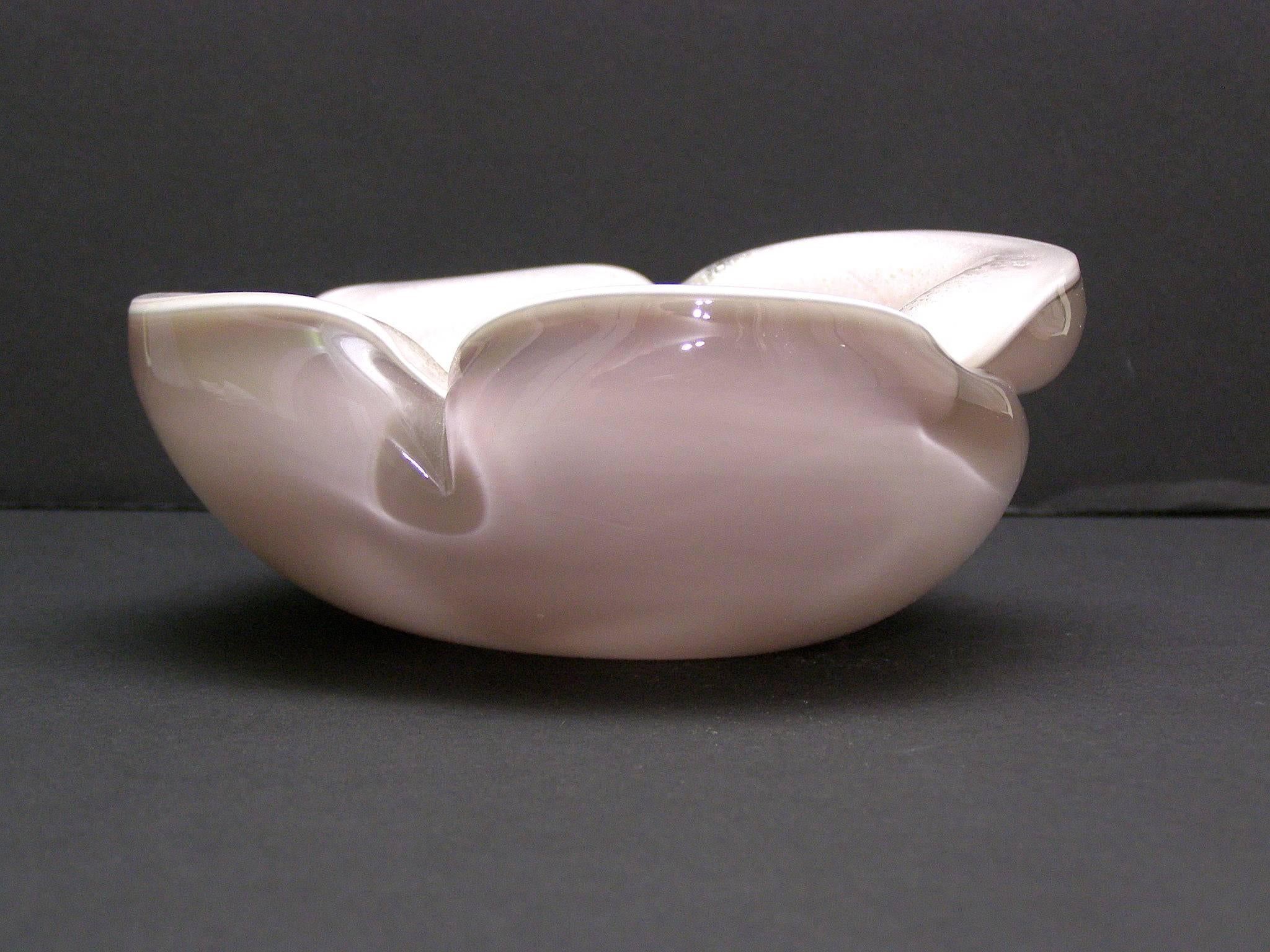 Beautiful handblown Murano glass catch-all bowl in true Venetian pink filled with silver and gold leaf flecking. Gorgeous.
