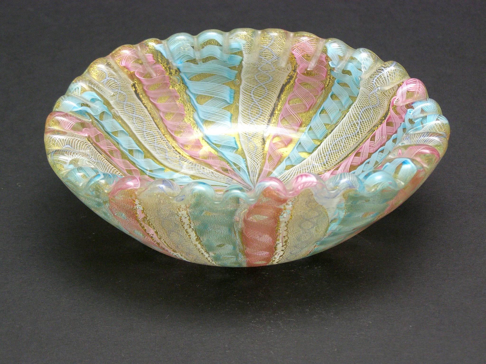 Beautiful handblown Murano glass small bowl in delicious shades of blues, pinks and golds using Latticino, Ballotini and Zanfirico blowing techniques.