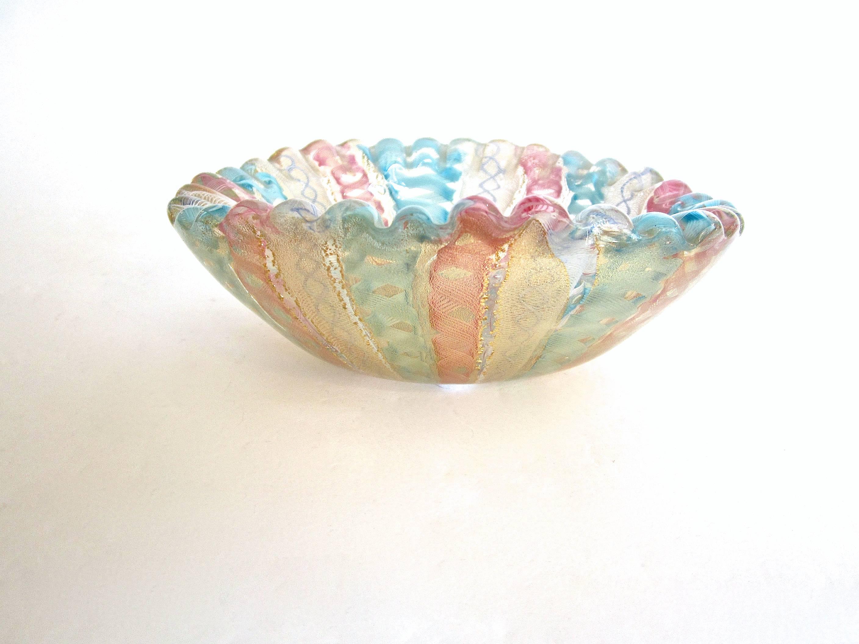 Mid-Century Modern Handblown Murano Glass Diminutive Latticino Scalloped Bowl 