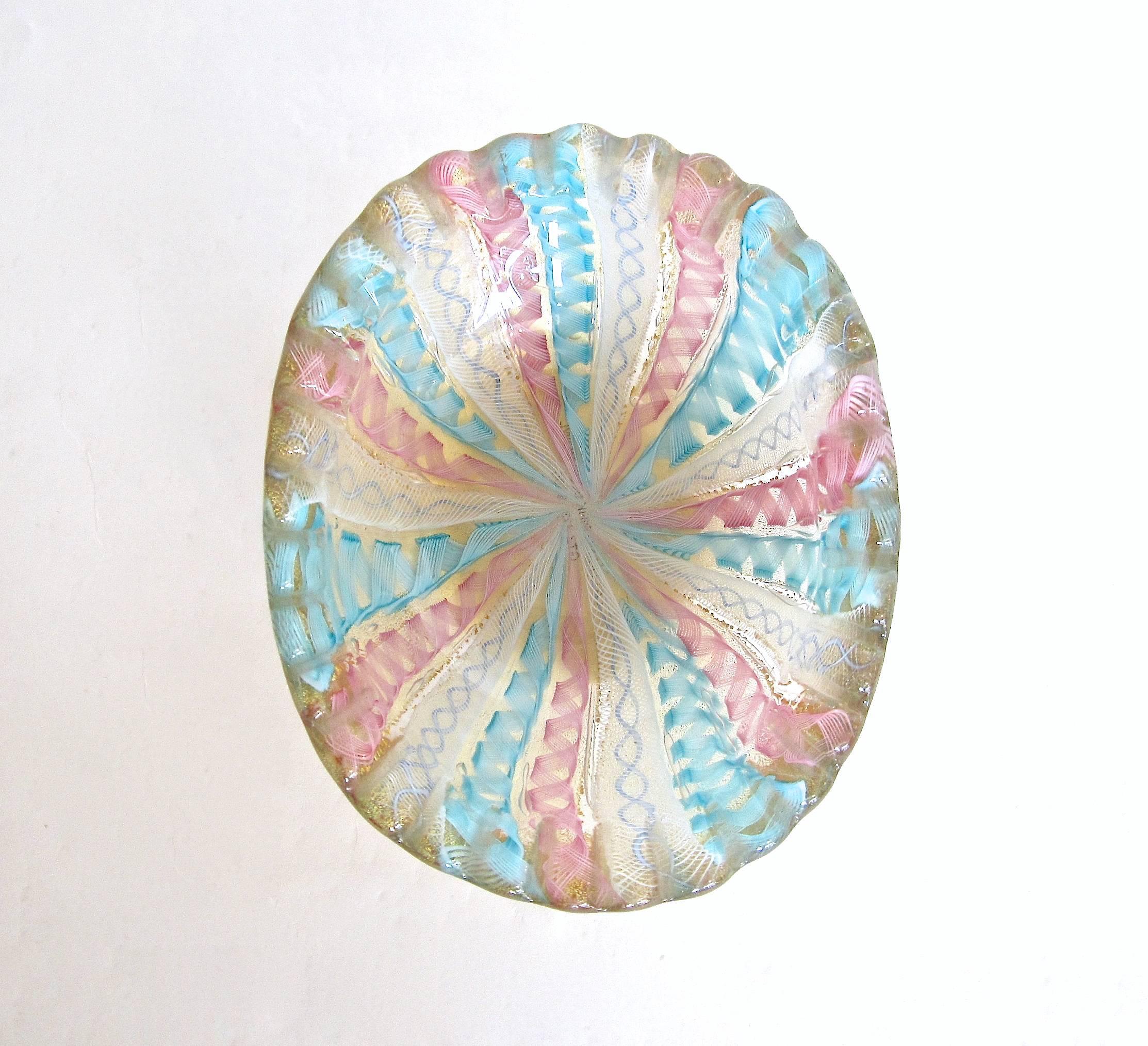 Italian Handblown Murano Glass Diminutive Latticino Scalloped Bowl 