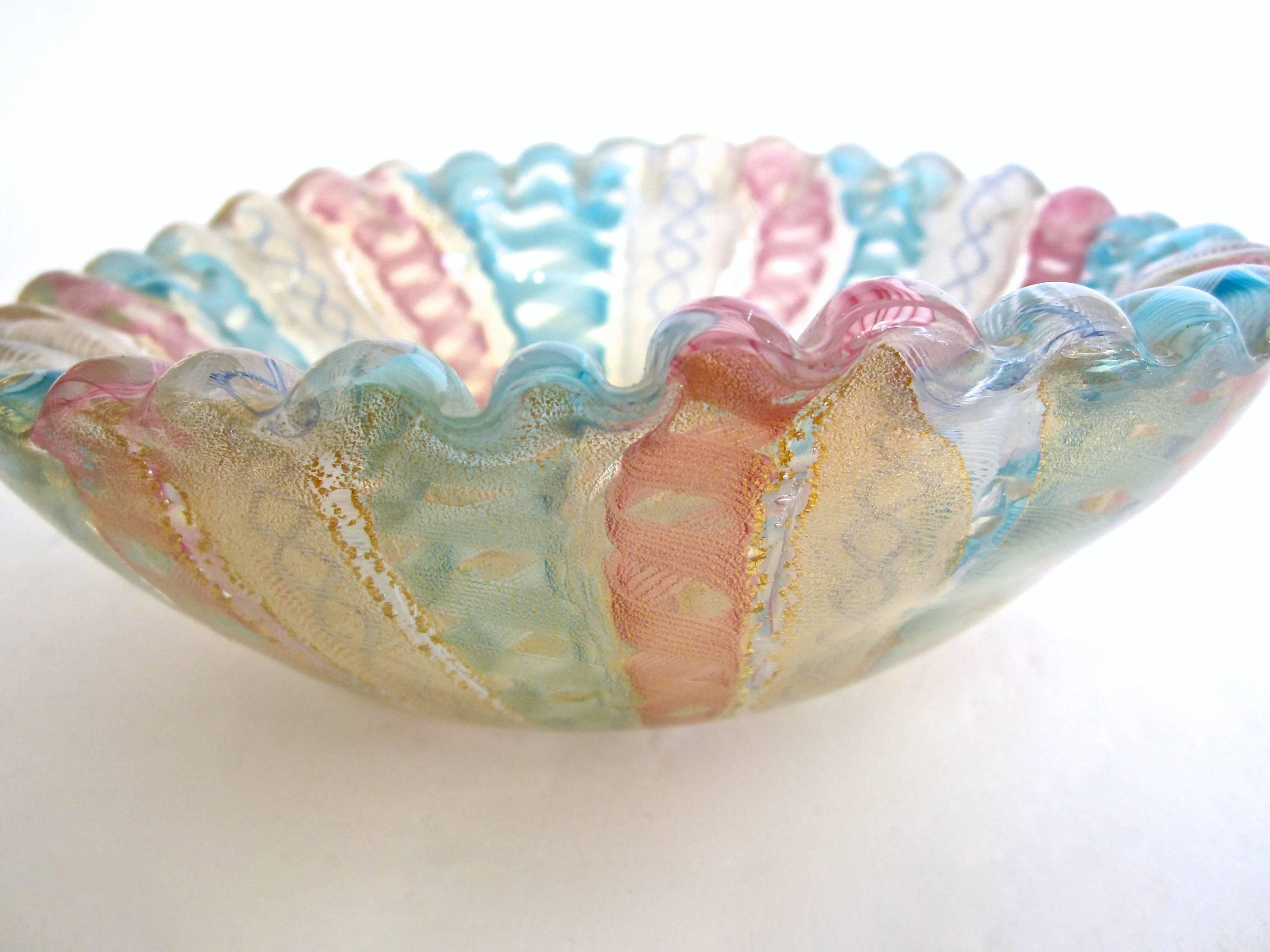 Handblown Murano Glass Diminutive Latticino Scalloped Bowl  In Excellent Condition In Miami, FL