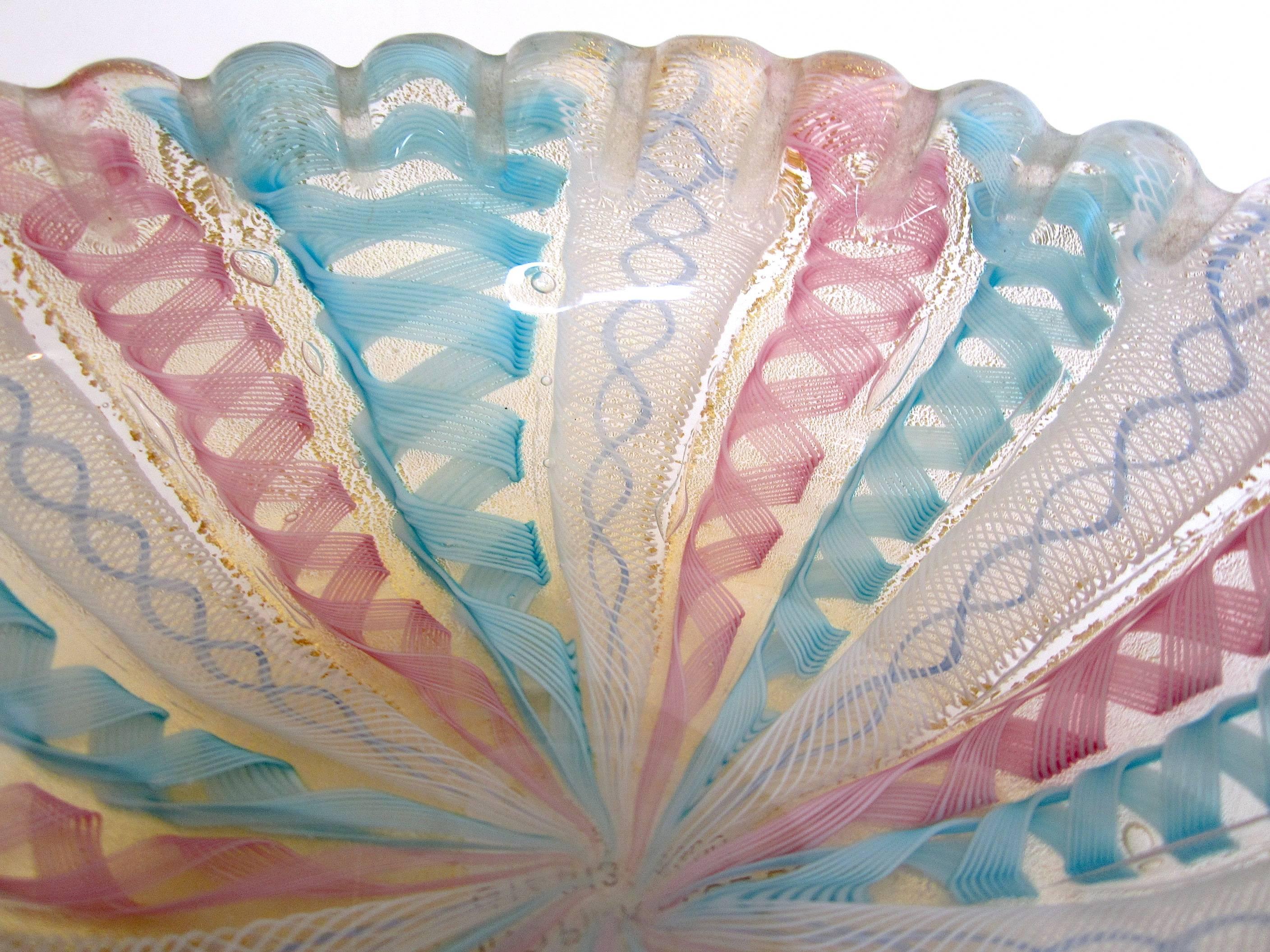 Mid-20th Century Handblown Murano Glass Diminutive Latticino Scalloped Bowl 