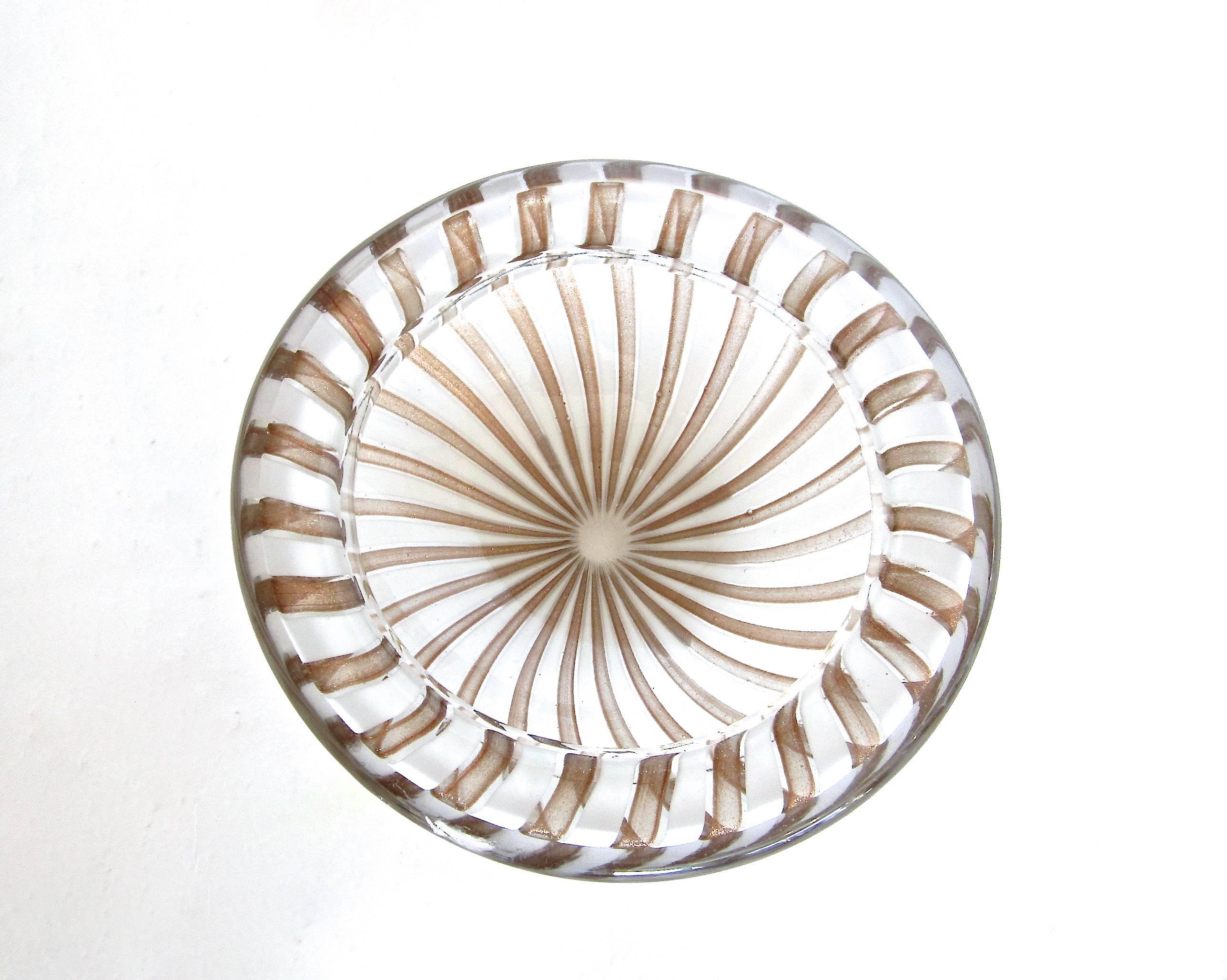 Italian White and Copper Caned Murano Glass Bowl For Sale