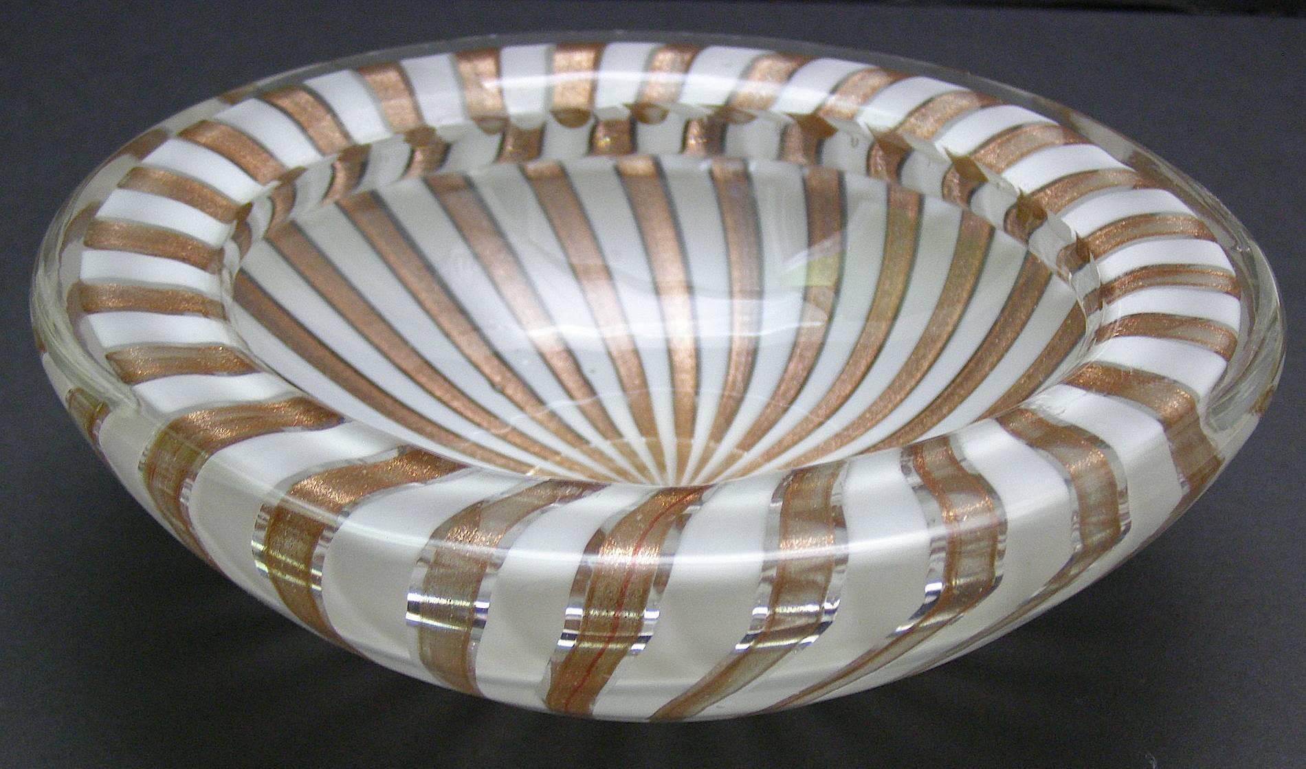 Mid-20th Century White and Copper Caned Murano Glass Bowl For Sale