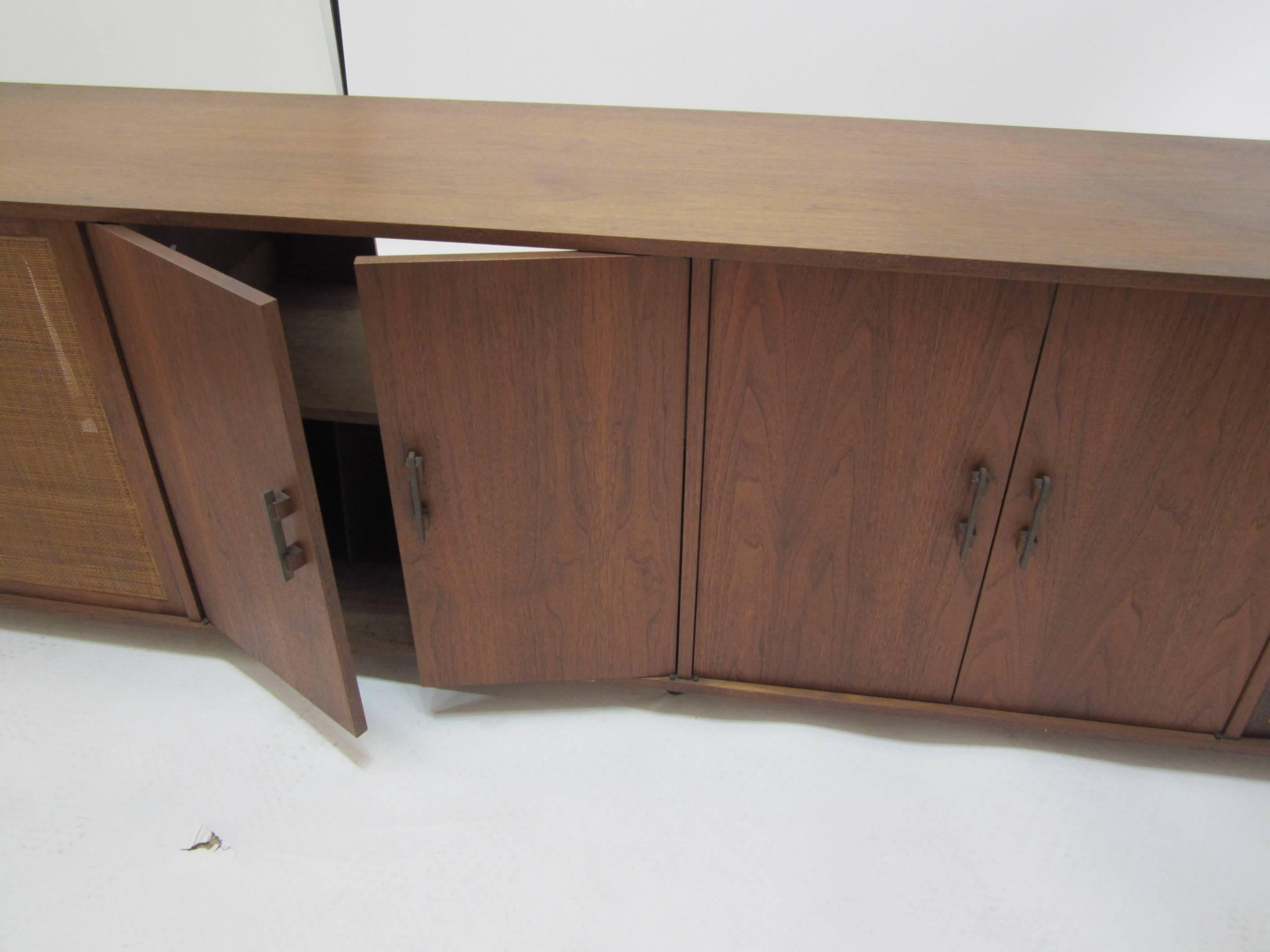 Mid-Century Modern Teak and Cane Eight-Foot Media Console Credenza 