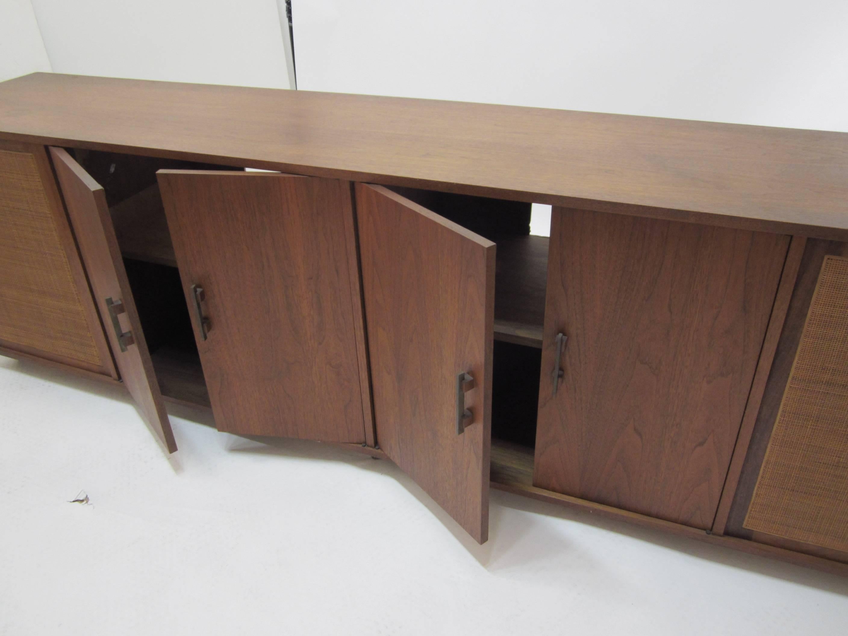 American Teak and Cane Eight-Foot Media Console Credenza 